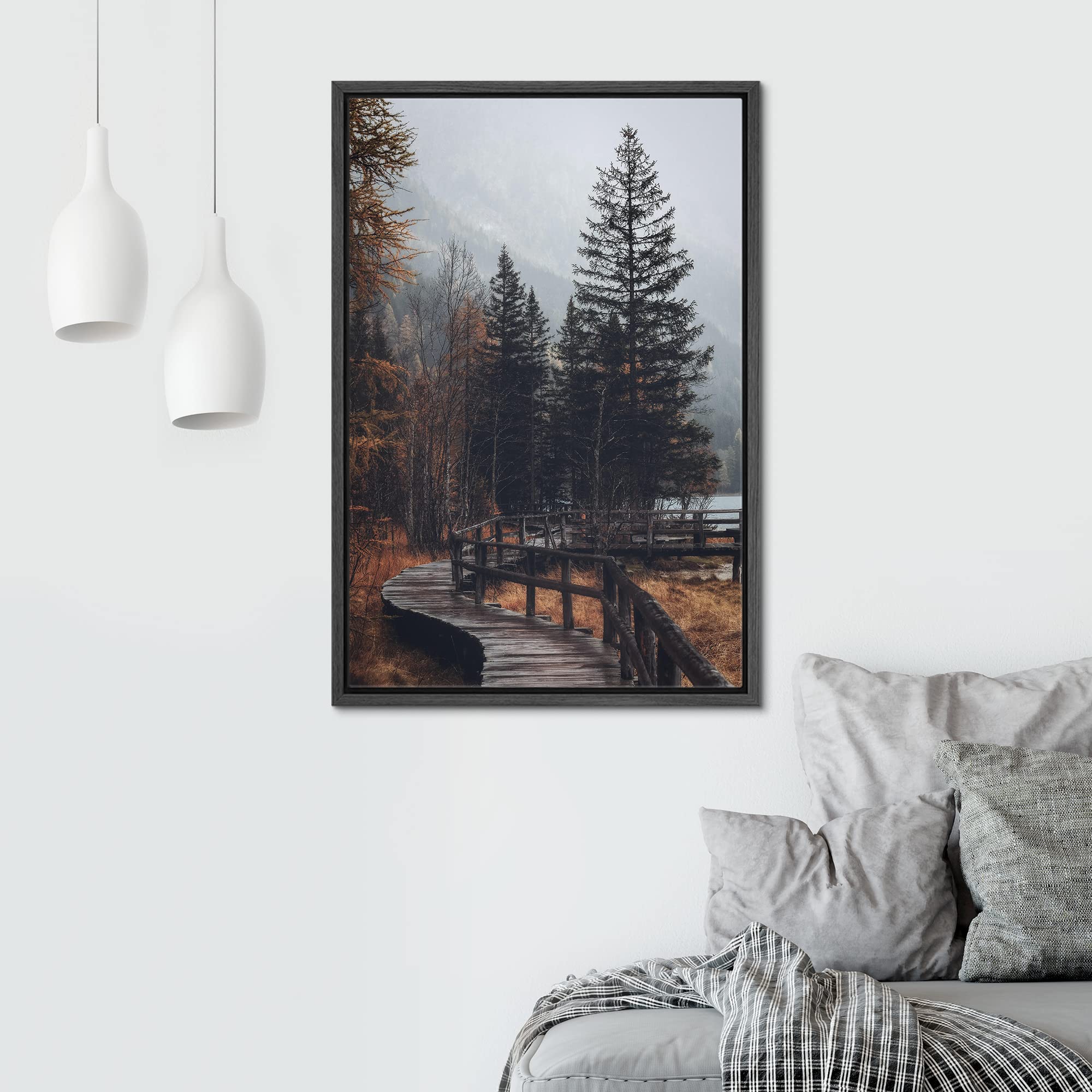 Signwin Framed Canvas Wall Art Autumn Dramatic Forest Landscape Living Room Orange Photography Rustic - 24''X36'' Black