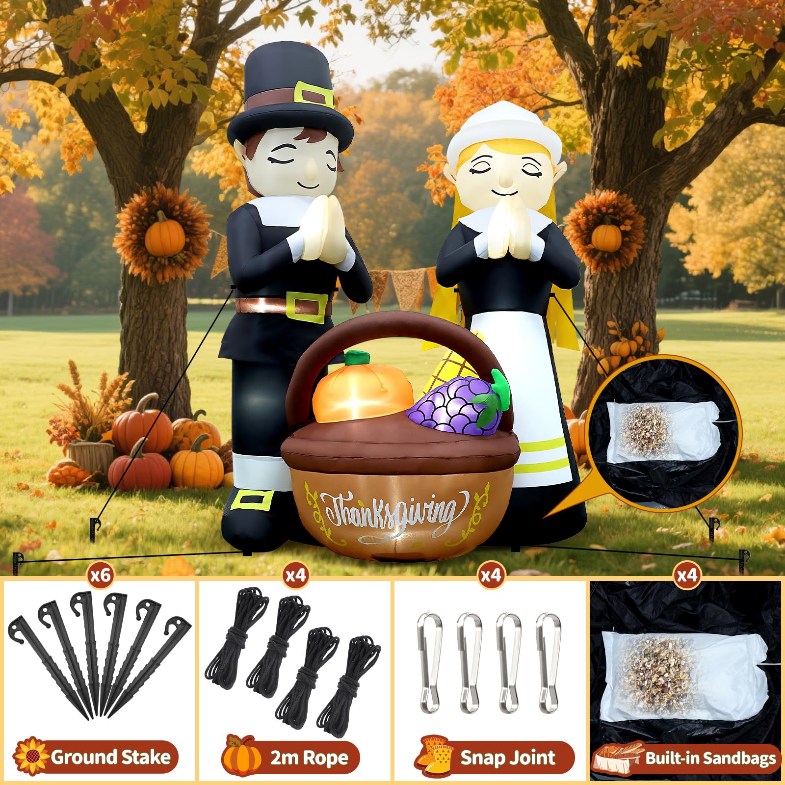 6FT Thanksgiving Inflatables Fall Outdoor Decorations, Lighted Pilgrim Boy and Girl Blow Up with Basket & 11 Built-in LEDs & Blo