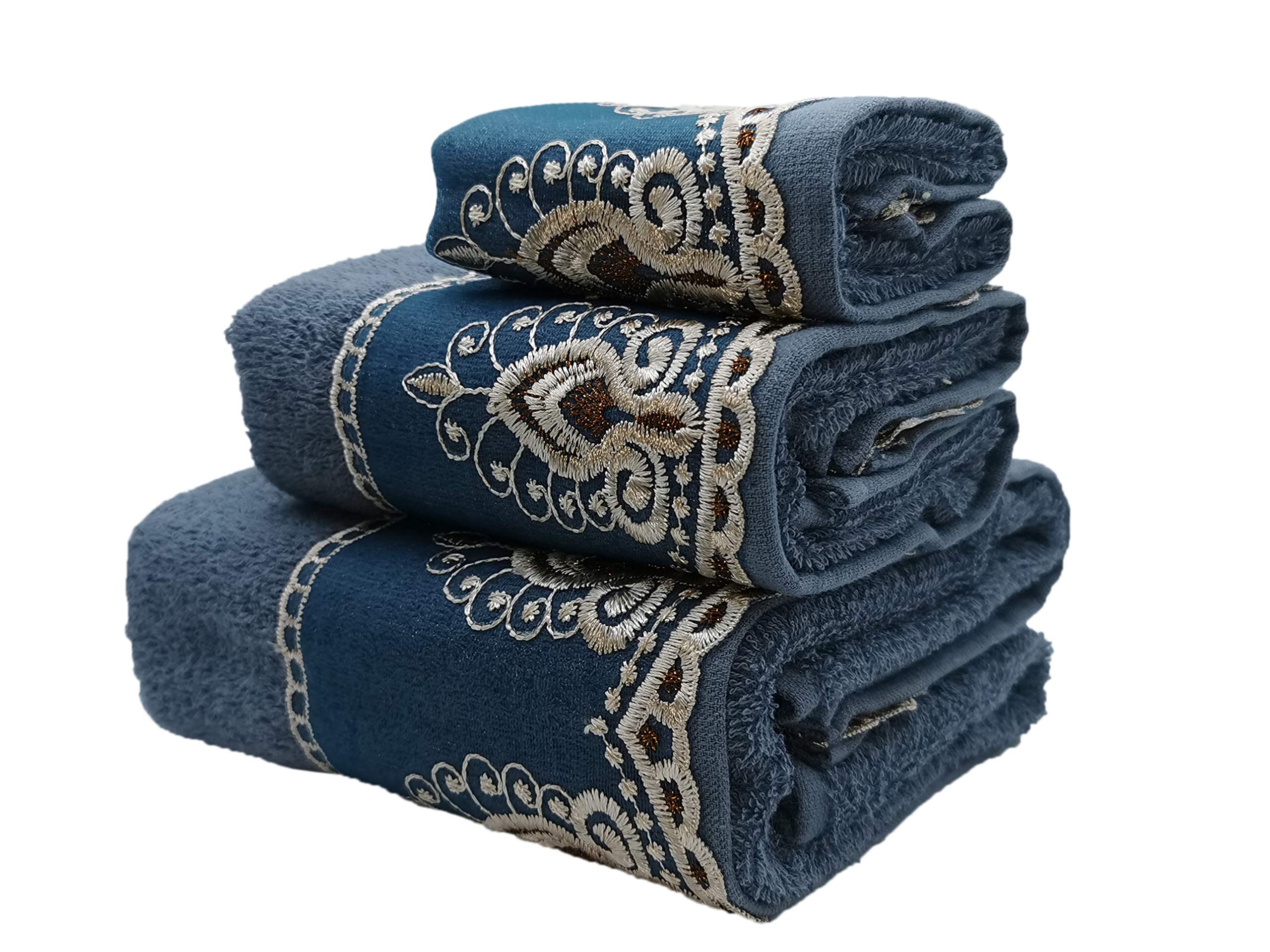 Marina Decoration Premium Luxury Decor Ultra Soft 100% Cotton Sheer Lace Bathroom Modern 3 Piece Towel Set, Blue Color