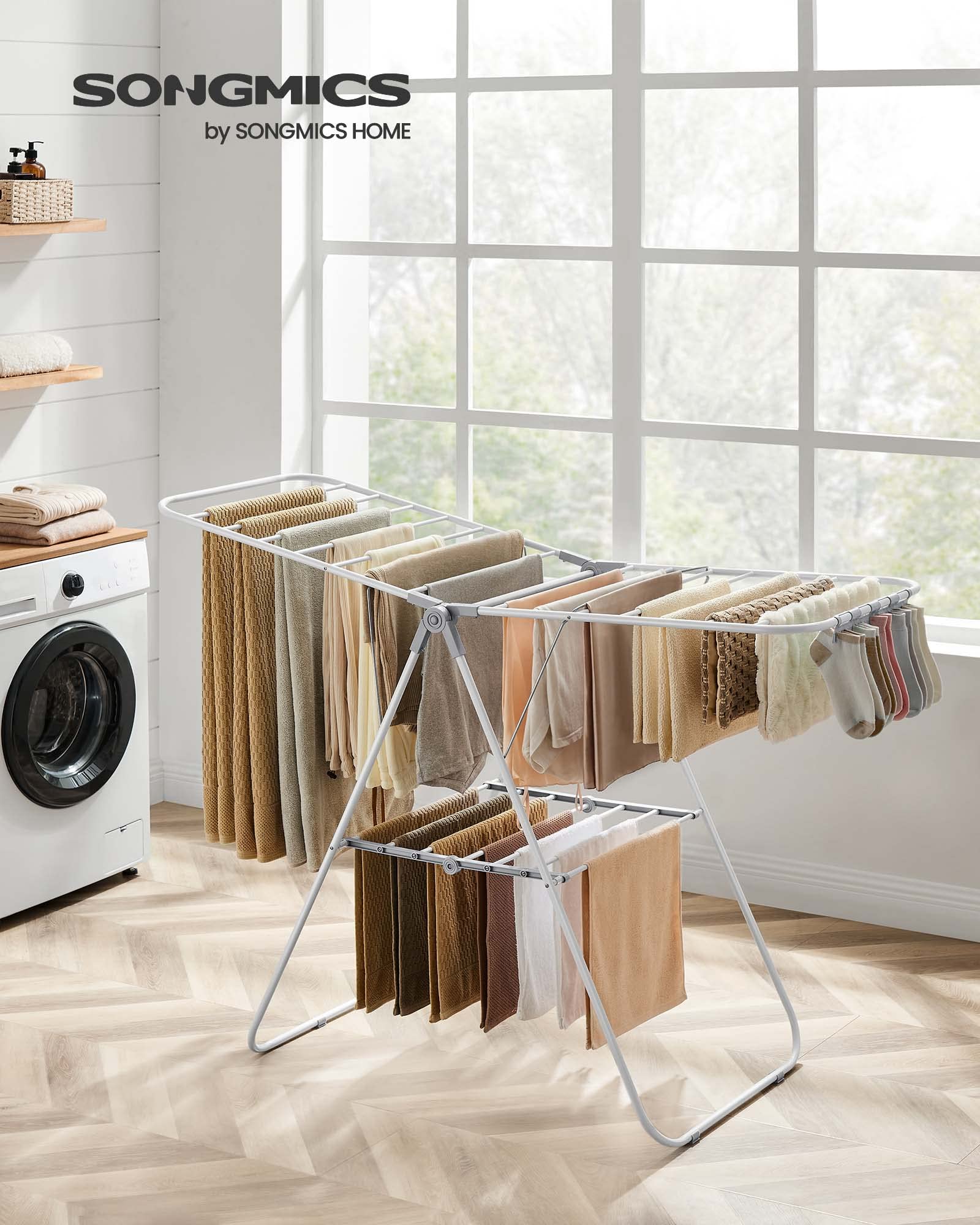 Songmics Clothes Drying Rack, With Sock Clips, Stainless Steel Laundry Rack, Foldable, Space-Saving, Free-Standing Indoor Airer,