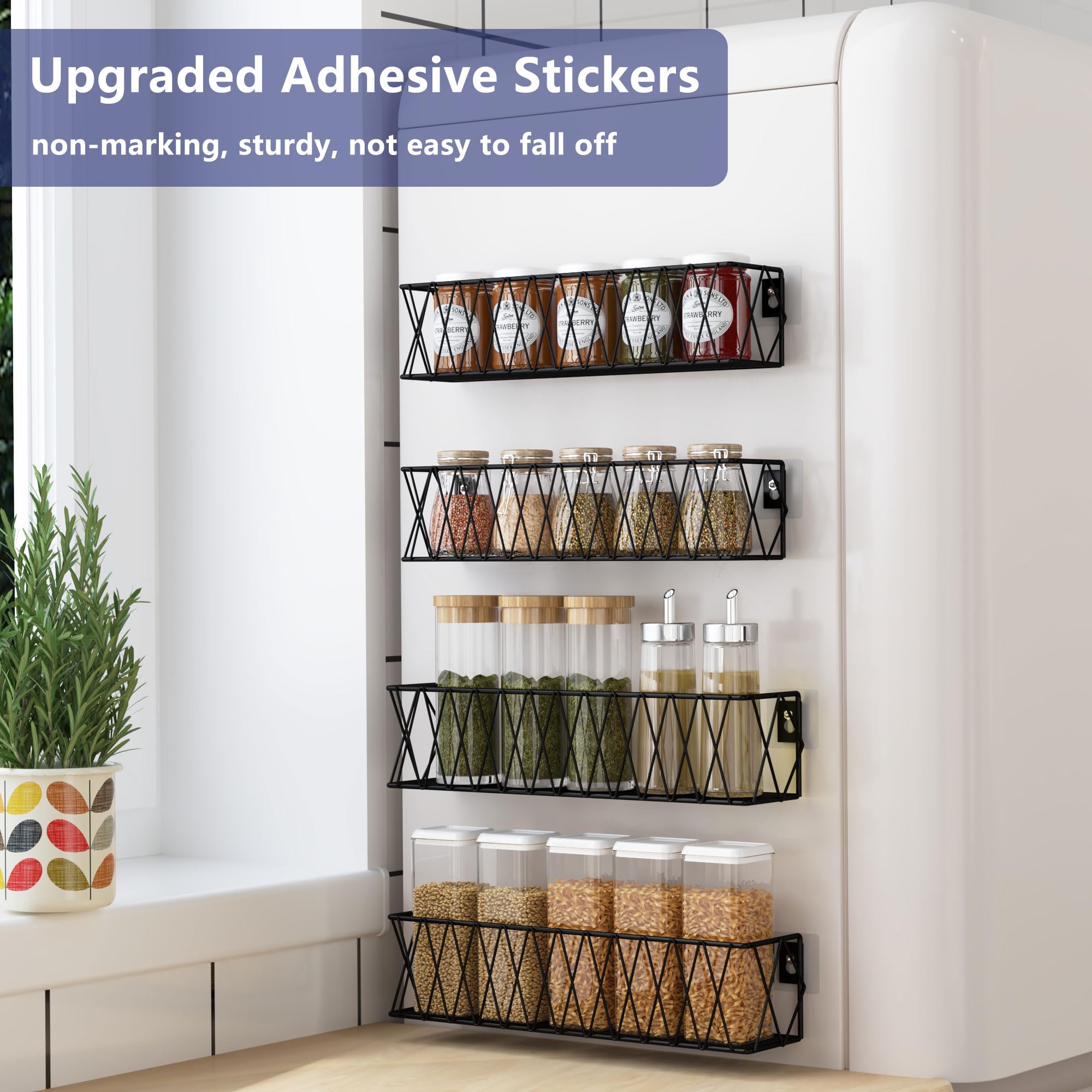 TOMIR Hanging Spice Rack Wall Mount 4 Pack, Seasoning Rack Spice Jar Organizer Adhesive Spice Shelf Easy to Install, Kitchen Org