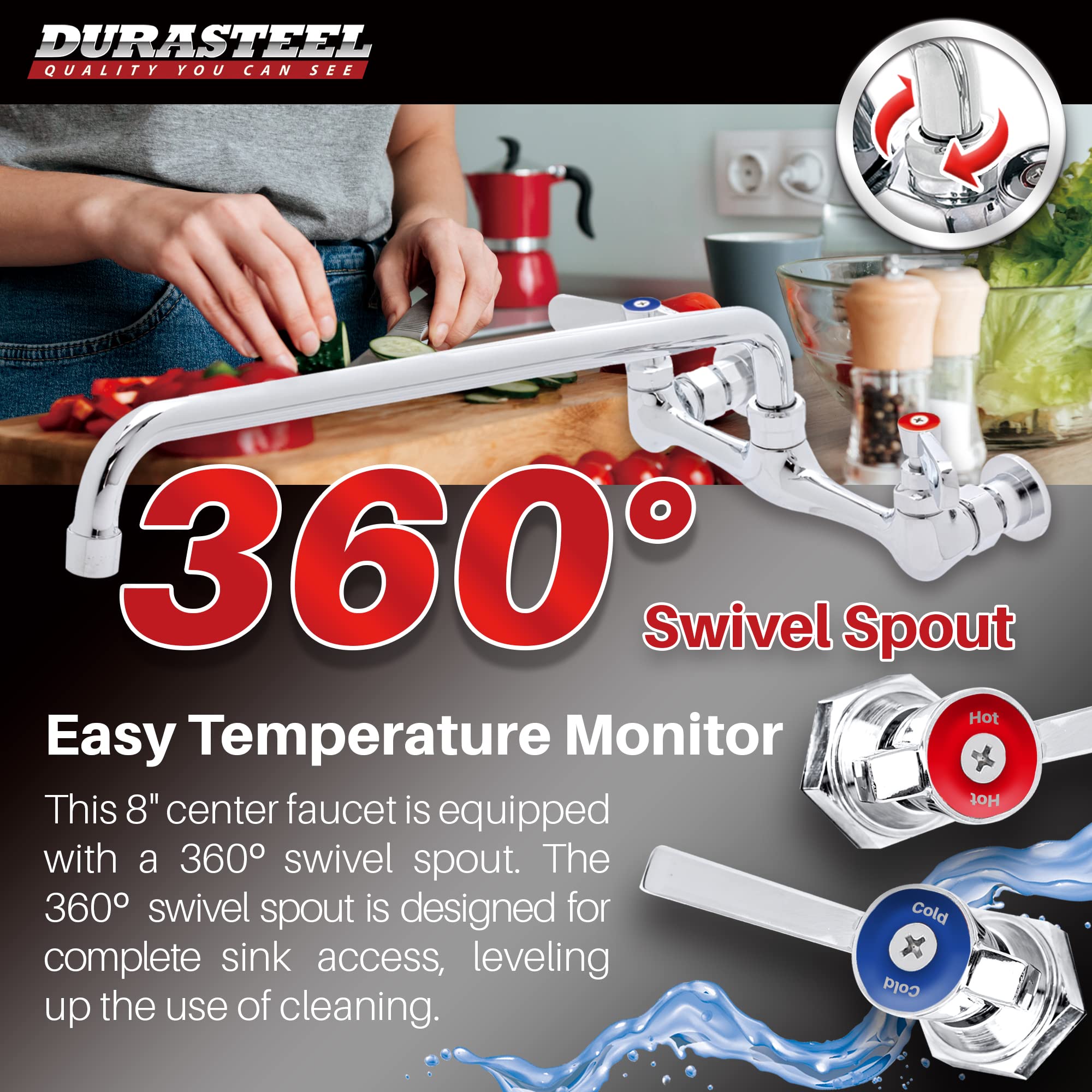 Kitchen Sink Faucet Wall Mount - Durasteel 8'' Center Commercial Kitchen Sink Faucet With 14'' Swivel Spout - Dual Lever Handles