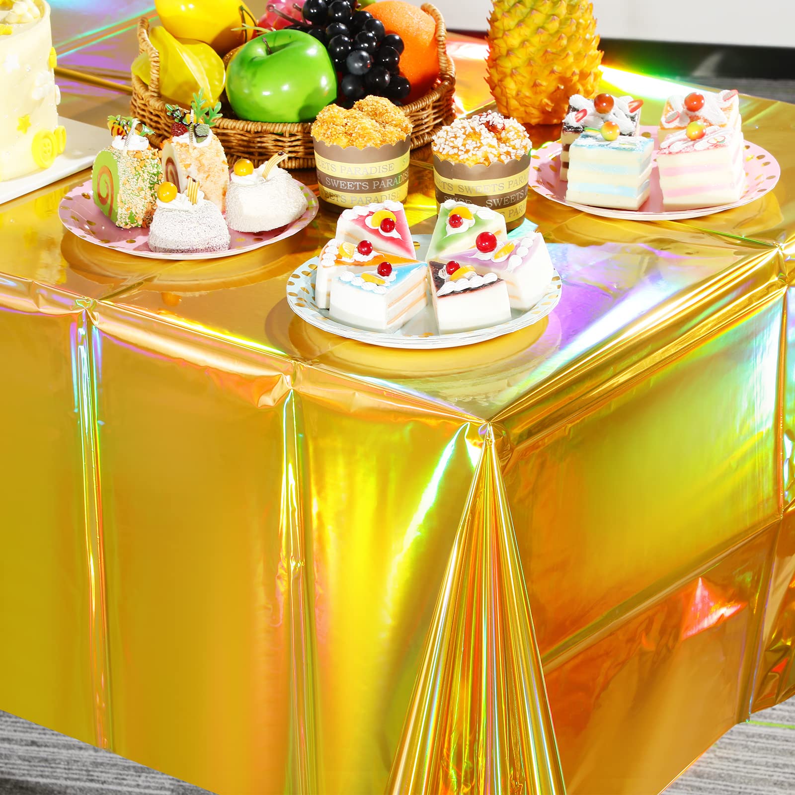 4 Pack Gold Iridescent Plastic Tablecloths Shiny Disposable Laser Rectangle Table Covers Holographic Foil Tablecloth Iridescent