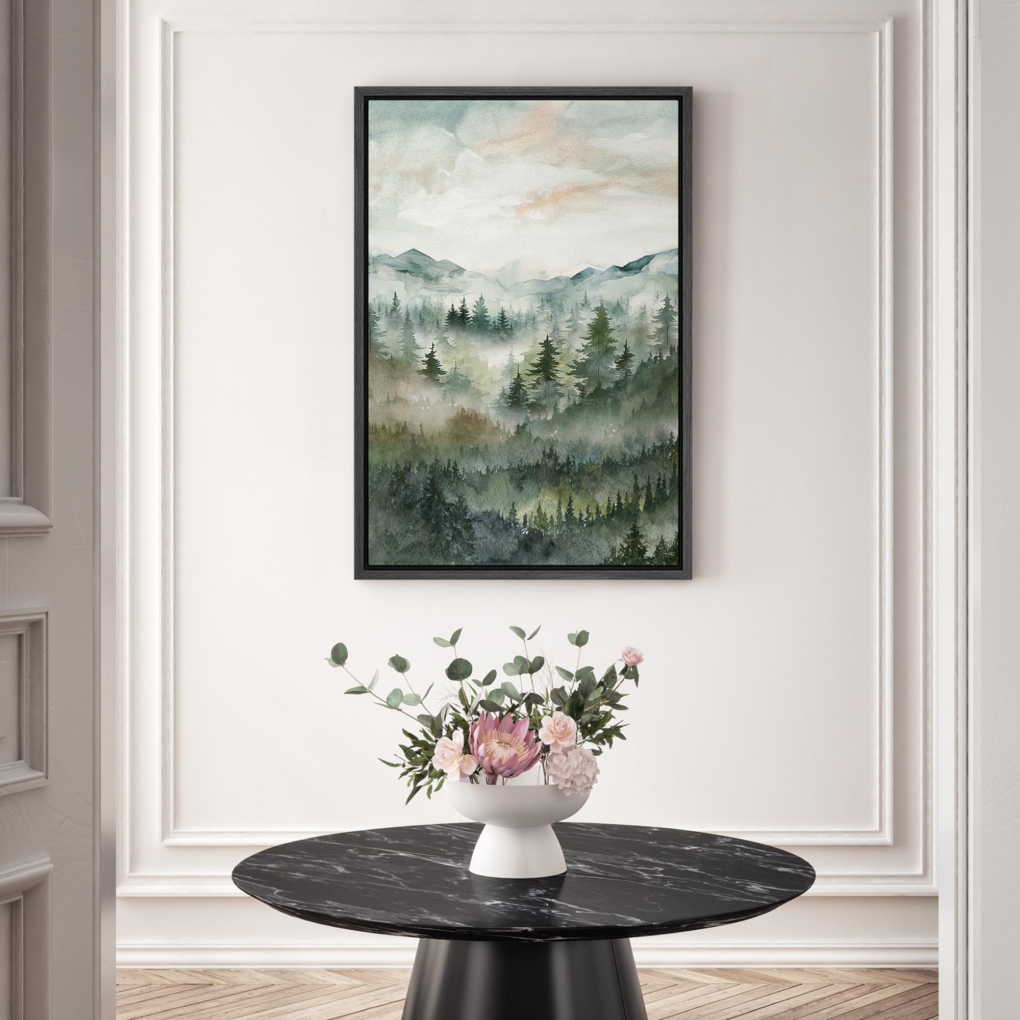 Signwin Framed Canvas Print Wall Art Woodland Nursery Decor Green Winter Mist Mountain Forest Trees Nature Modern Art Decorative