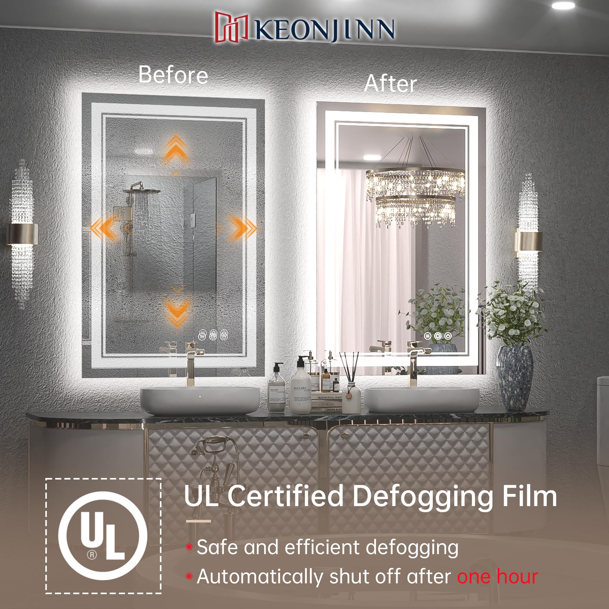 Keonjinn Led Bathroom Mirror 24'' X 36'' With Front And Backlight, Stepless 3 Colors Temperature & Dimmable Backlit Mirror, Ul L