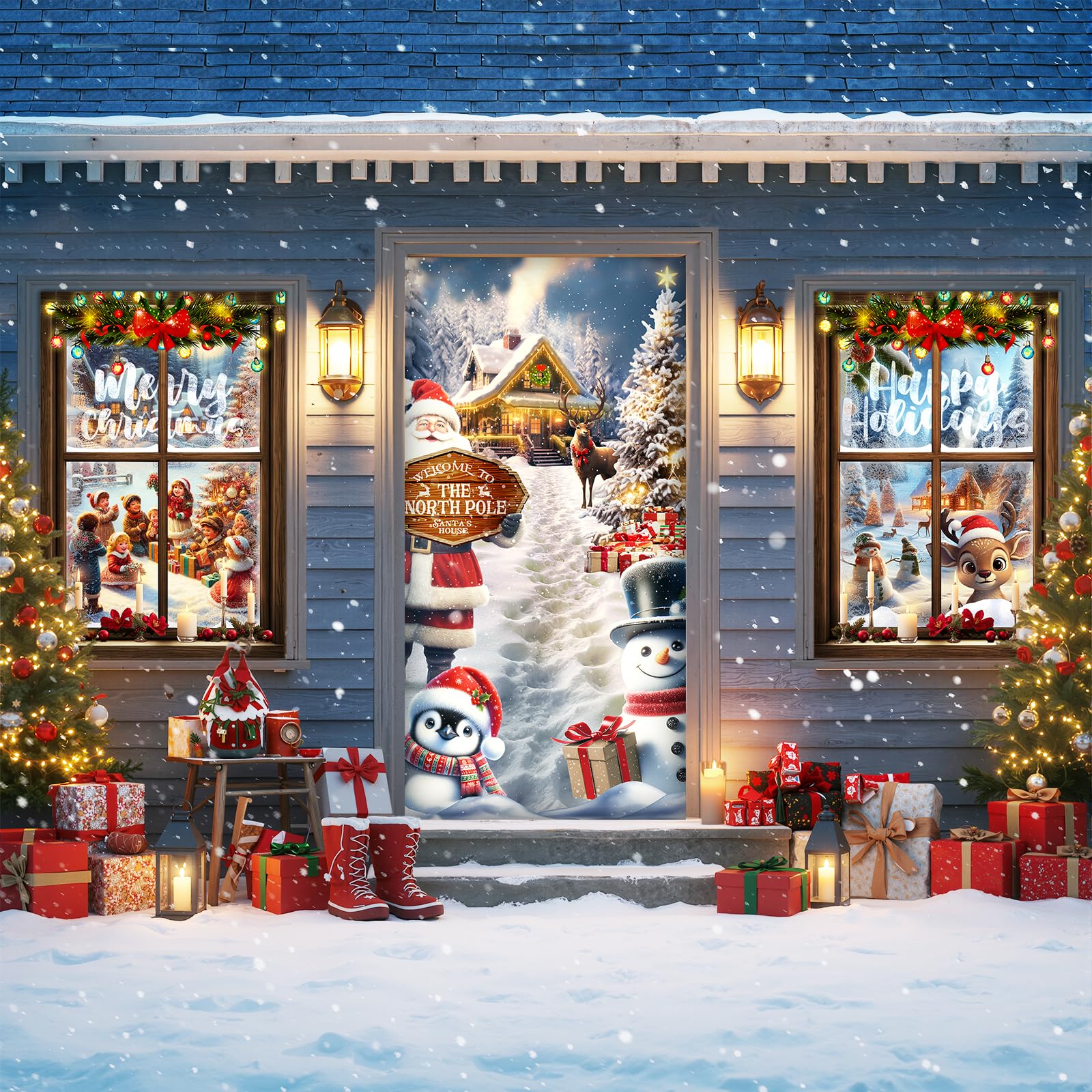 Tioncy 3 Pcs Christmas Door Window Cover Decorations Set 71 x 35 Christmas Door Cover 47 x 32 Xmas Window Curtain Santa Claus Sn