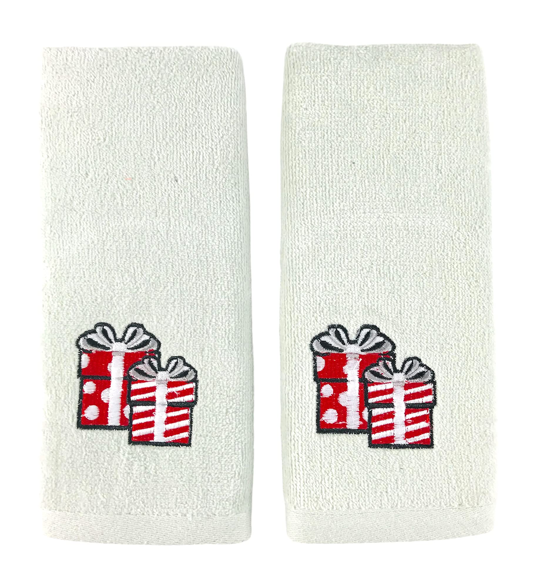Christmas Fingertip Towel Set: Gnome Present Like Your Present, Grey Hand Towels With Red White Embroidery Jolly Gnome Present,