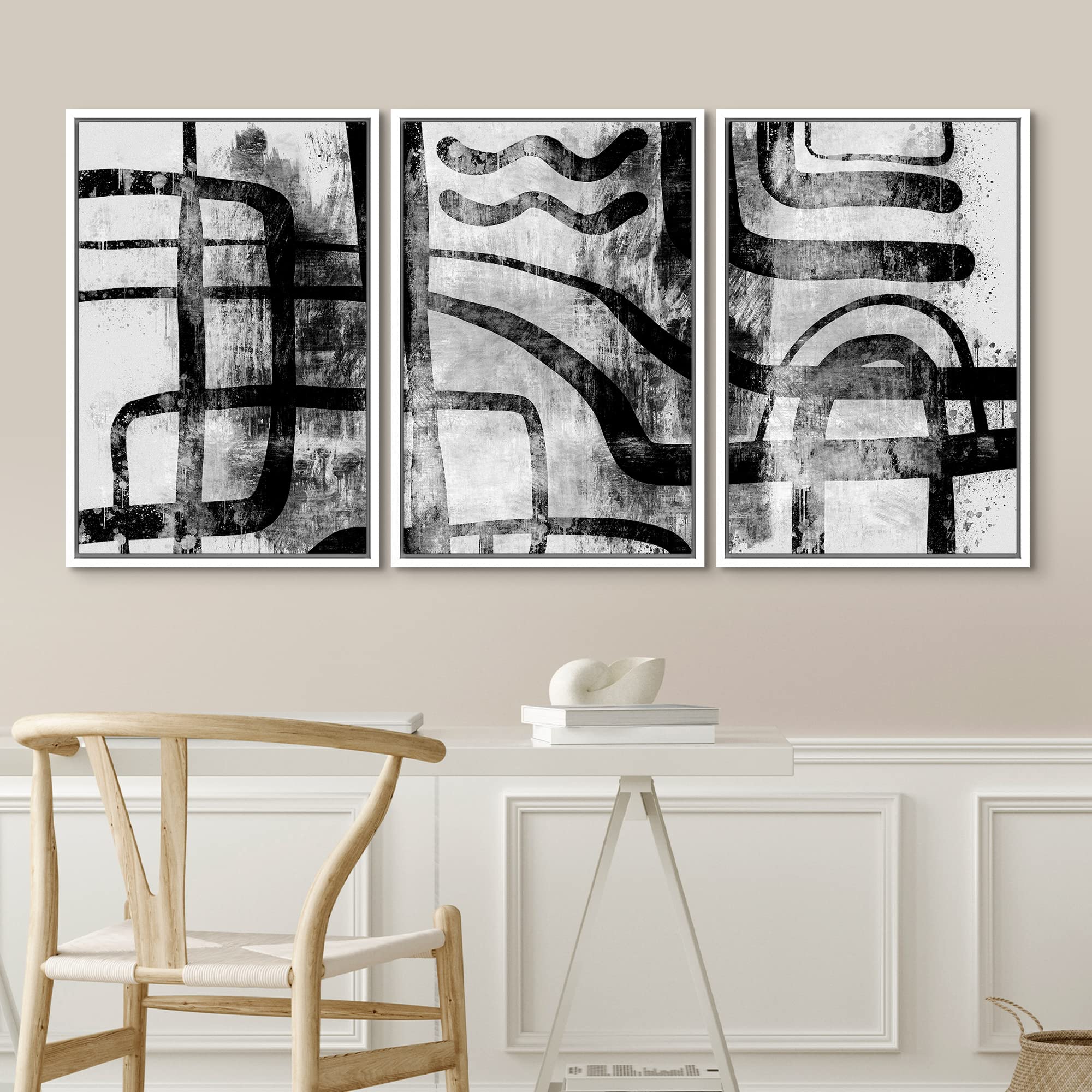 Idea4Wall Framed Wall Art Print Set Faded Industrial Style Line Art Pattern Abstract Shapes Illustrations Modern Art Mid-Century