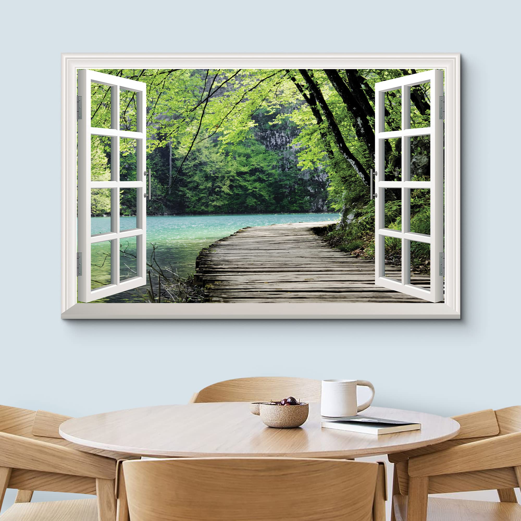 Wall26 - Modern White Window Looking Out Into A Bridge By A Lake Surrounded By Trees - Canvas Art Home Art - 24X36 Inches