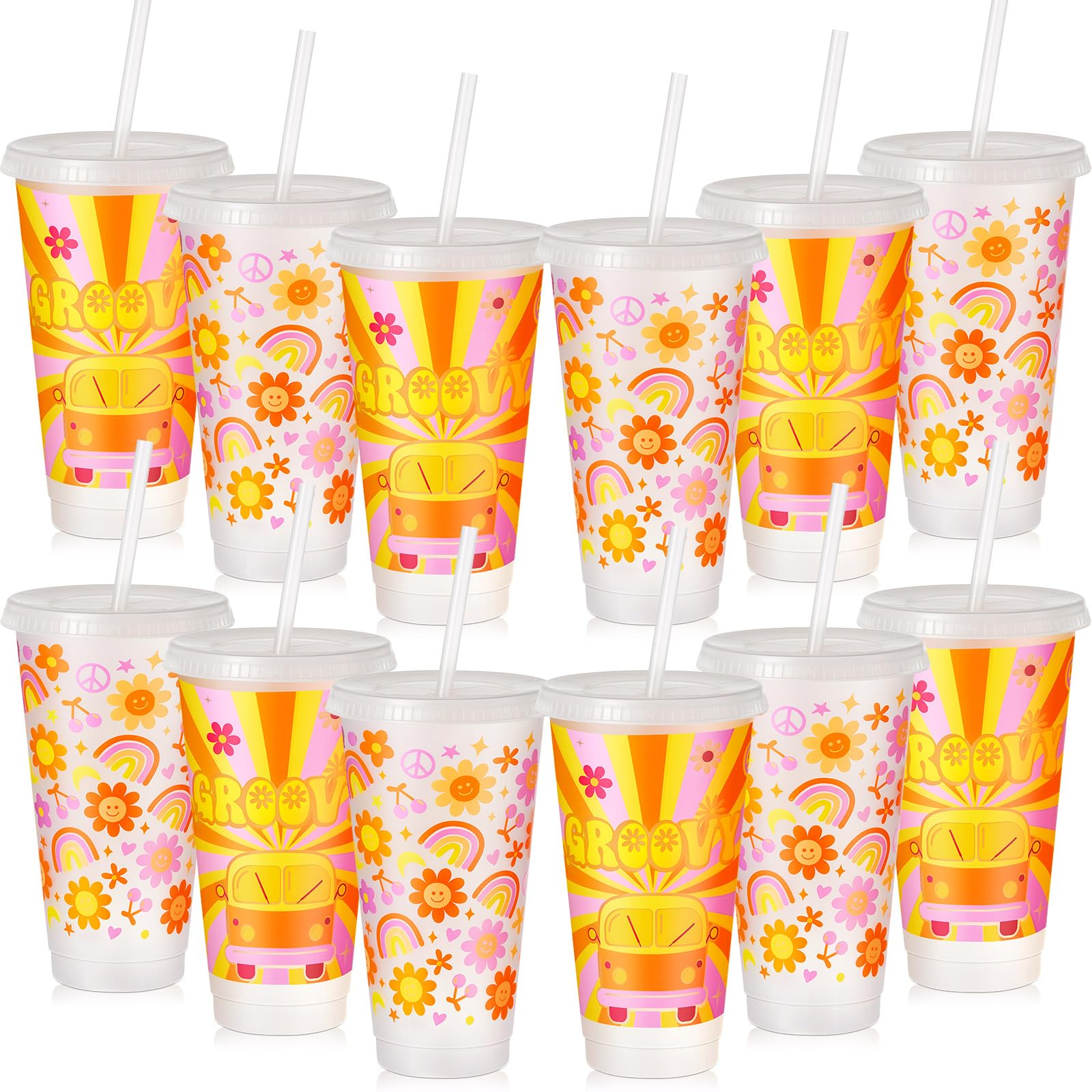 Uiifan 12 Pcs Groovy Plastic Cups Groovy Party Decorations Plastic Tumbler with Lid and Straw 24oz Reusable Boho Retro Hippie Cu