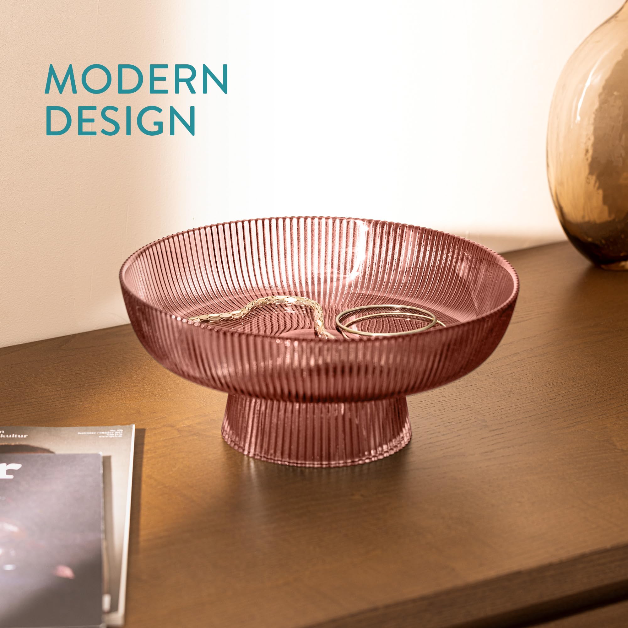 Navaris Decorative Fluted Coloured Glass Bowl - Fruit Snacks Sweets Centerpiece Dish - 26cm Diameter - Red Tinted