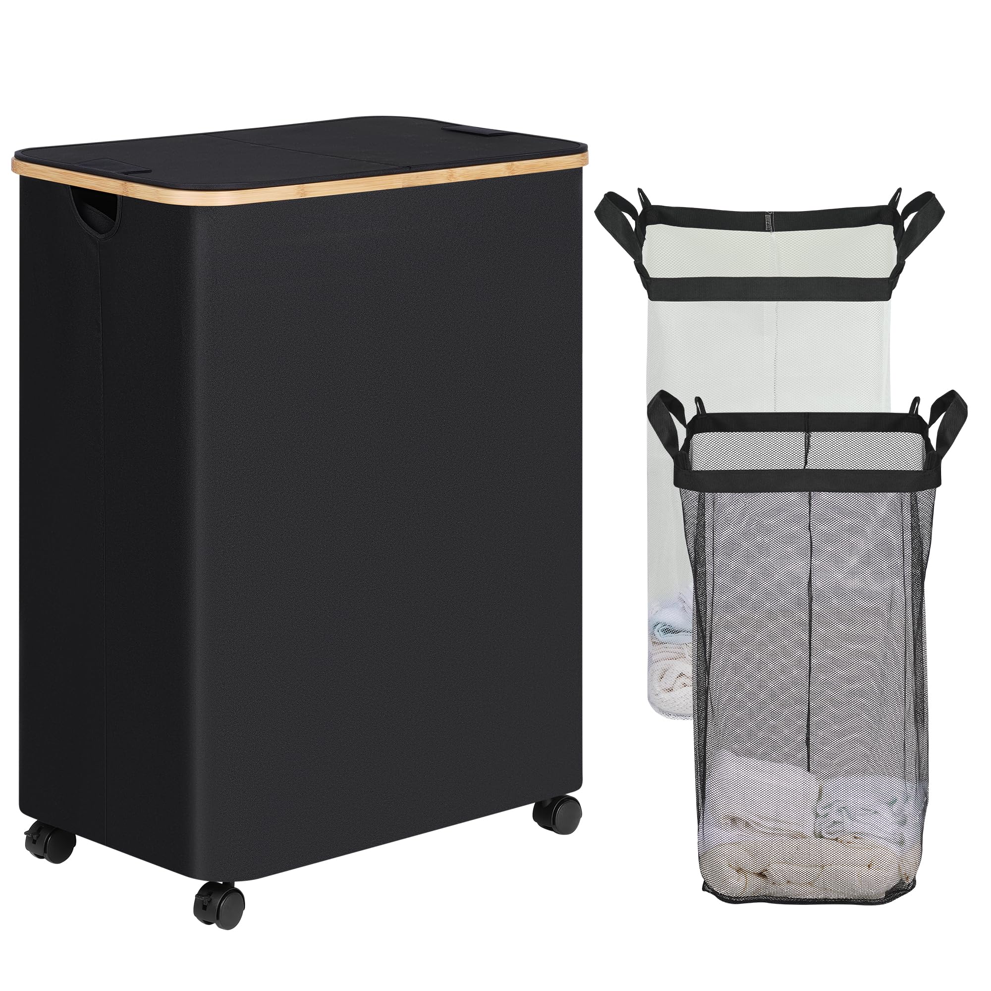 Efluky Double Laundry Hamper With Wheels, Divided Laundry Hamper With Removable Bags, 2 Section Dirty Clothes Basket With Handle