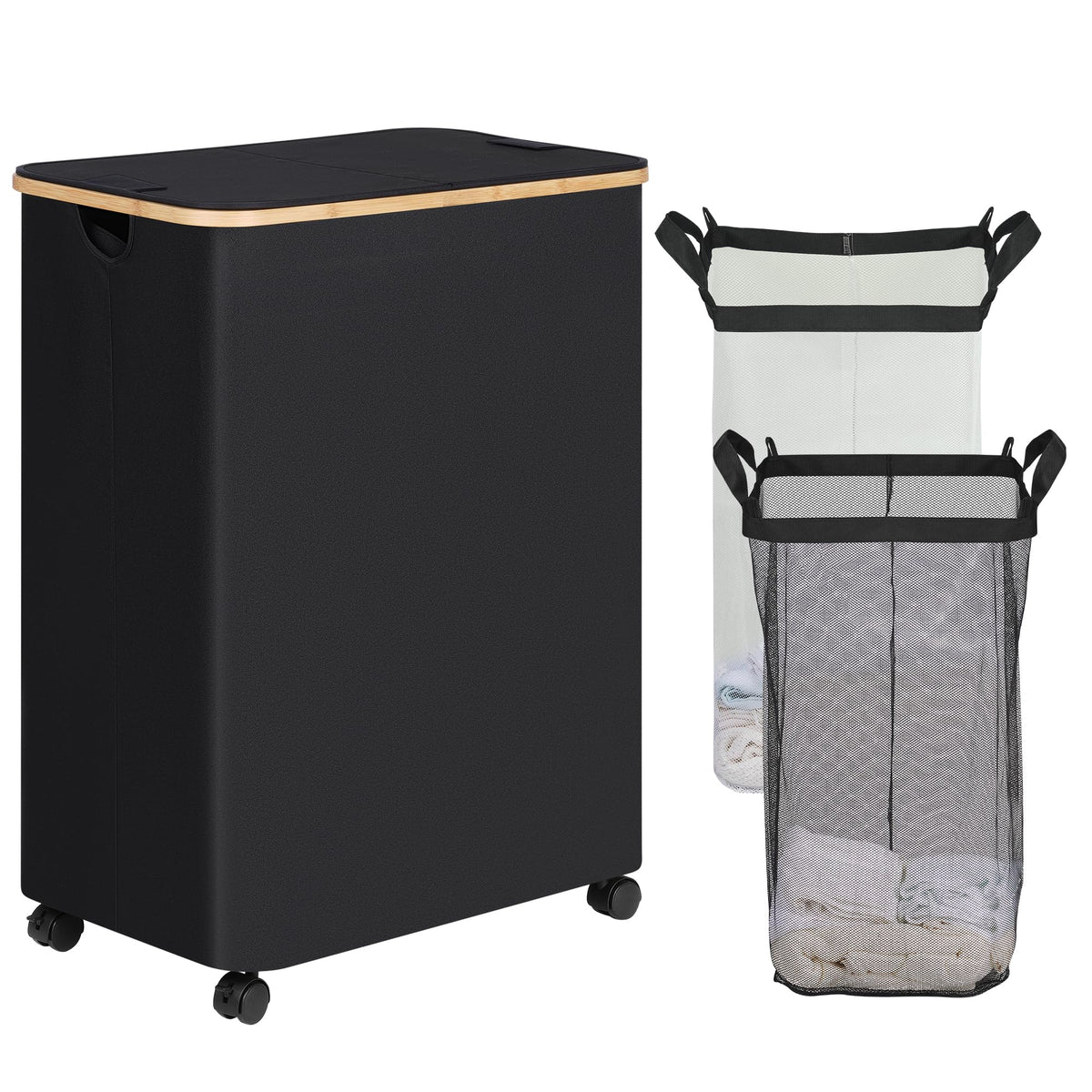 Efluky Double Laundry Hamper With Wheels, Divided Laundry Hamper With Removable Bags, 2 Section Dirty Clothes Basket With Handle