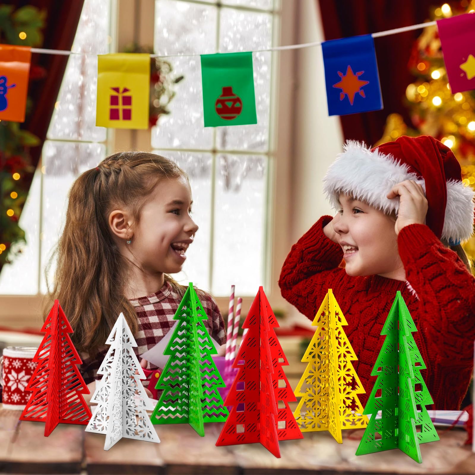 Maitys 12 Pcs Christmas Decoration 4 Sizes Wooden Tree Tabletop Decoration Merry Christmas 3D Sign Green Red Freestanding Engrav