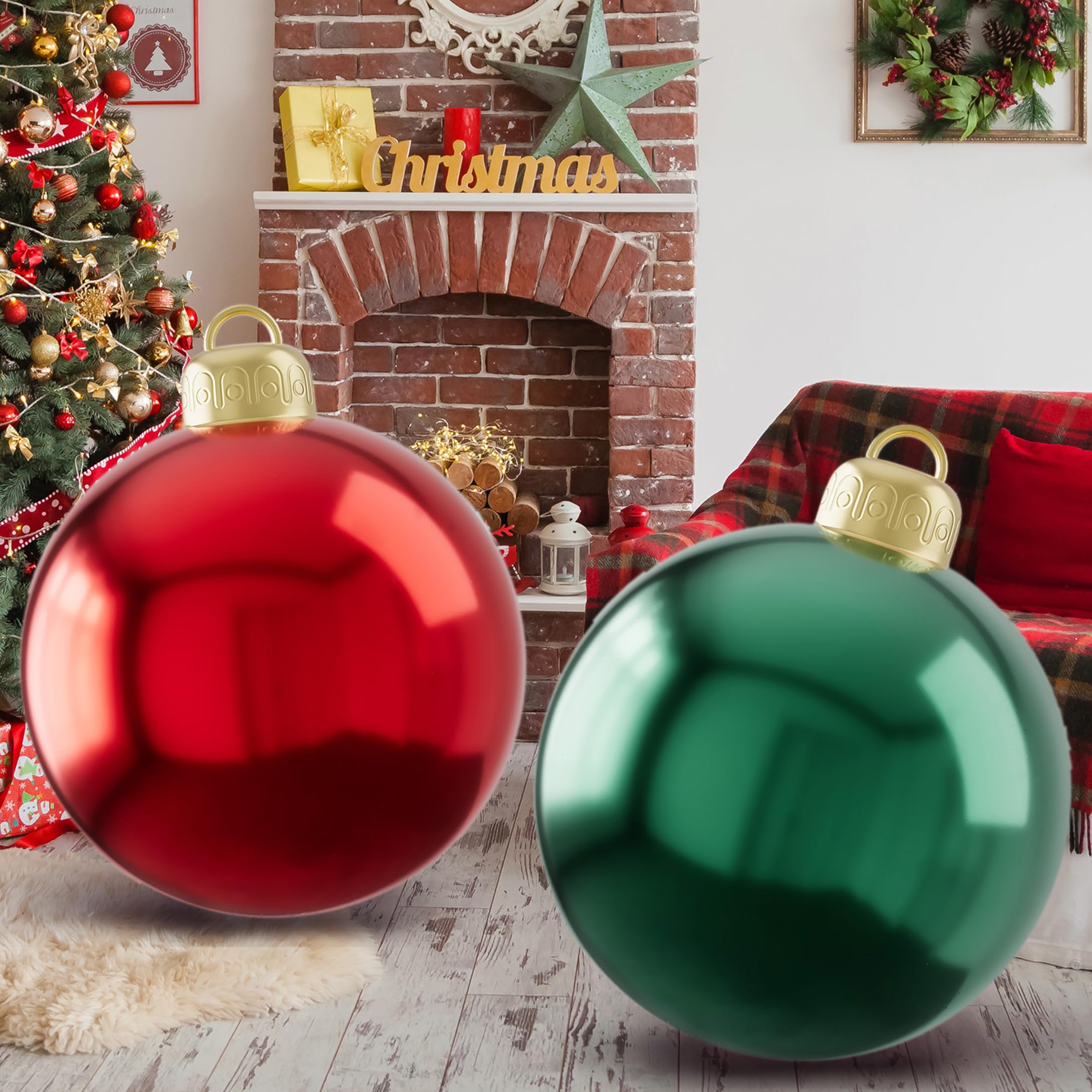 2Pcs 24 Inch Christmas Inflatable Balls Outdoor Giant Christmas Balls, Large Outdoor Christmas Ornaments Ball Xmas Hangable Blow