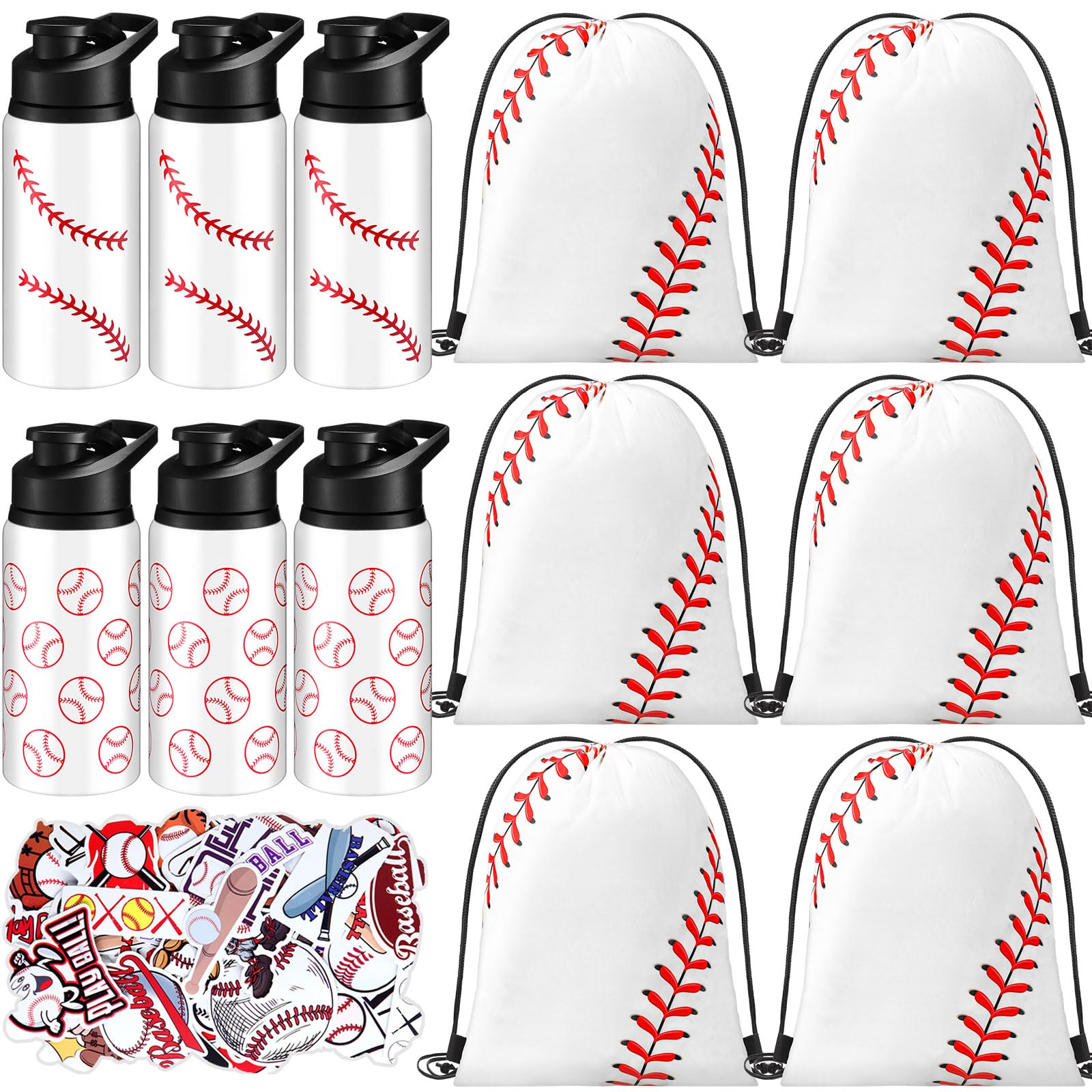 Skybooly 24 Pcs Sports Party Favors Set with Water Bottle Bulk Drawstring Gift Bag 50 Sticker Reusable Sports Aluminum Water Bot