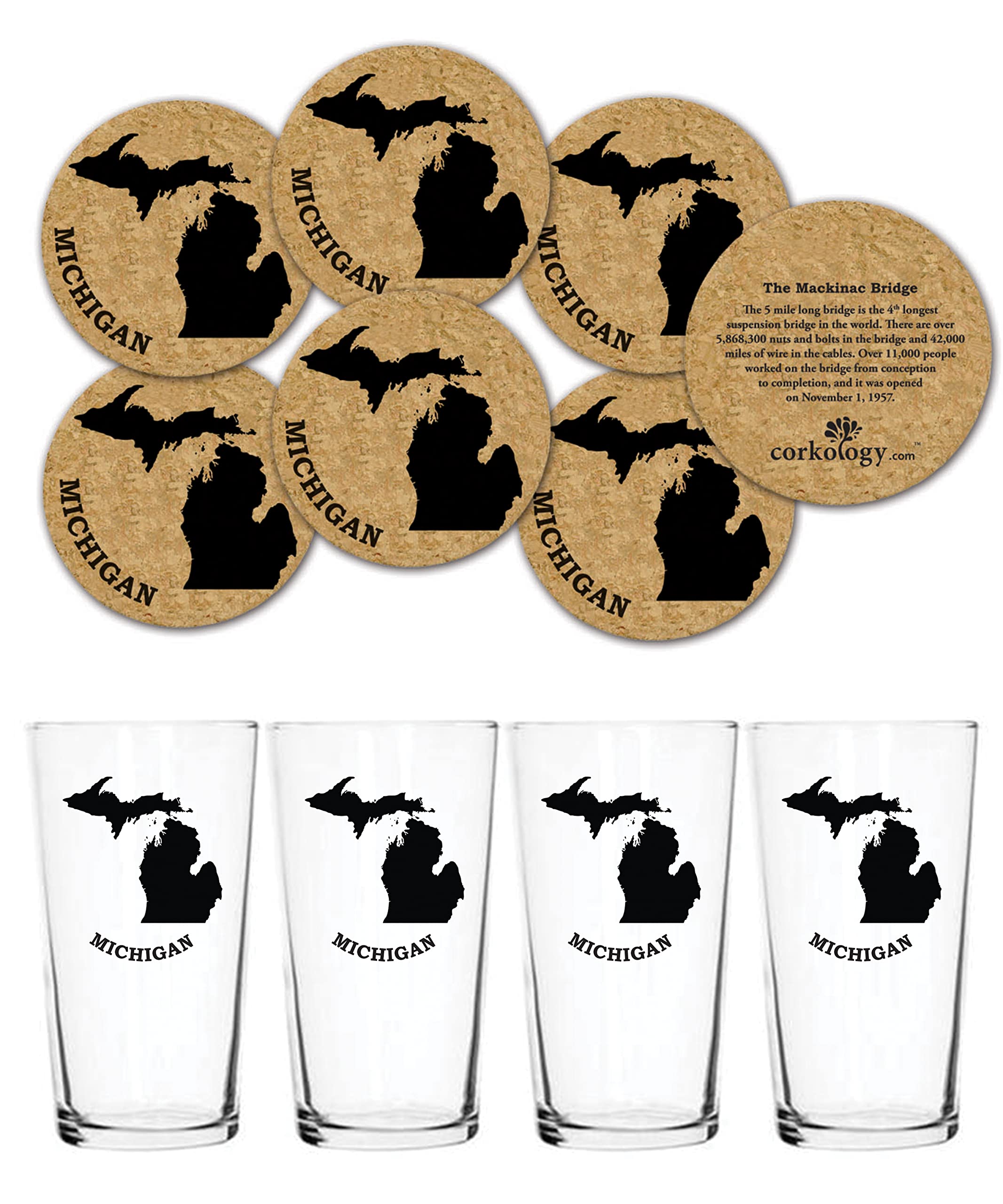 Corkology.Com Michigan Pint Pack With Matching Coaster Set, Clear, 4 Count (Pack Of 1)