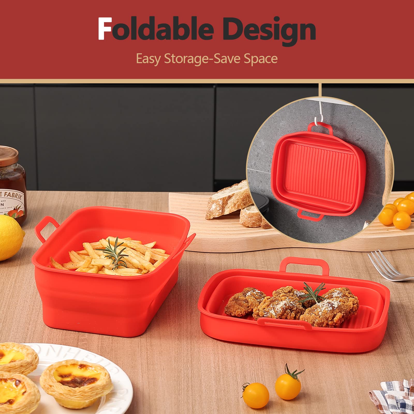 Vangerute Collapsible 2-Pack Air Fryer Silicone Liners for 8QT & 10QT NINJA Foodi Dual Air Fryer Rectangular Air Fryer Silicone Pot  Reusable Silicone Air Fryer Basket for Air Fryer Accessories(Red)