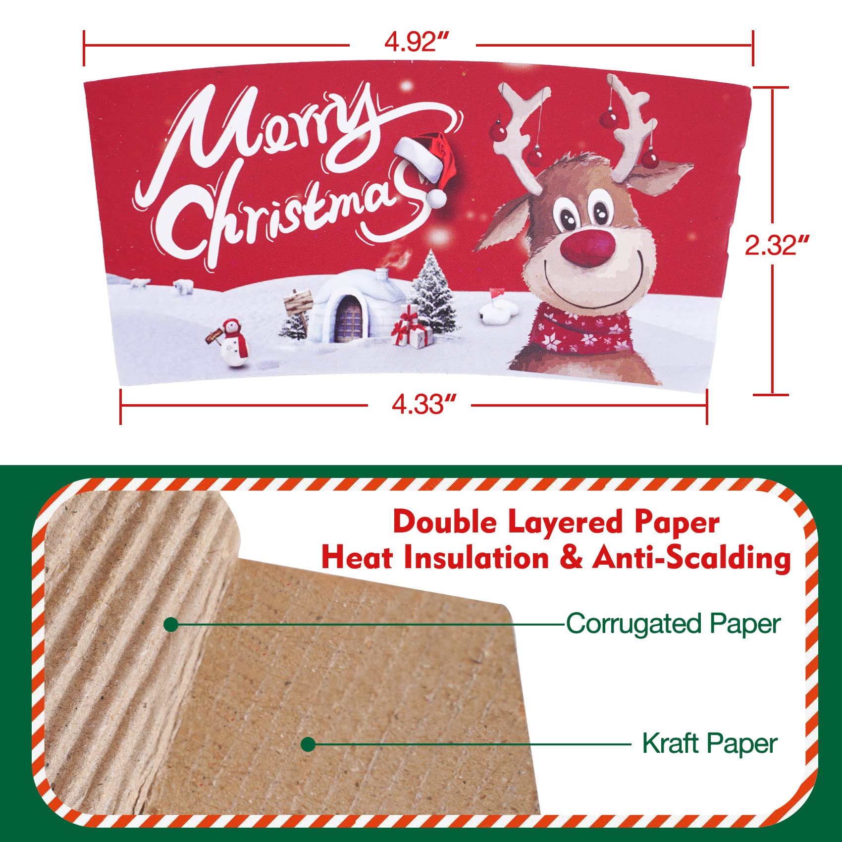 Smarimple Christmas Coffee Cup Sleeves 40 Count Hot Chocolate Cocoa Paper Cup Sleeves, Double-Layer Protective Heat Cold Drinks