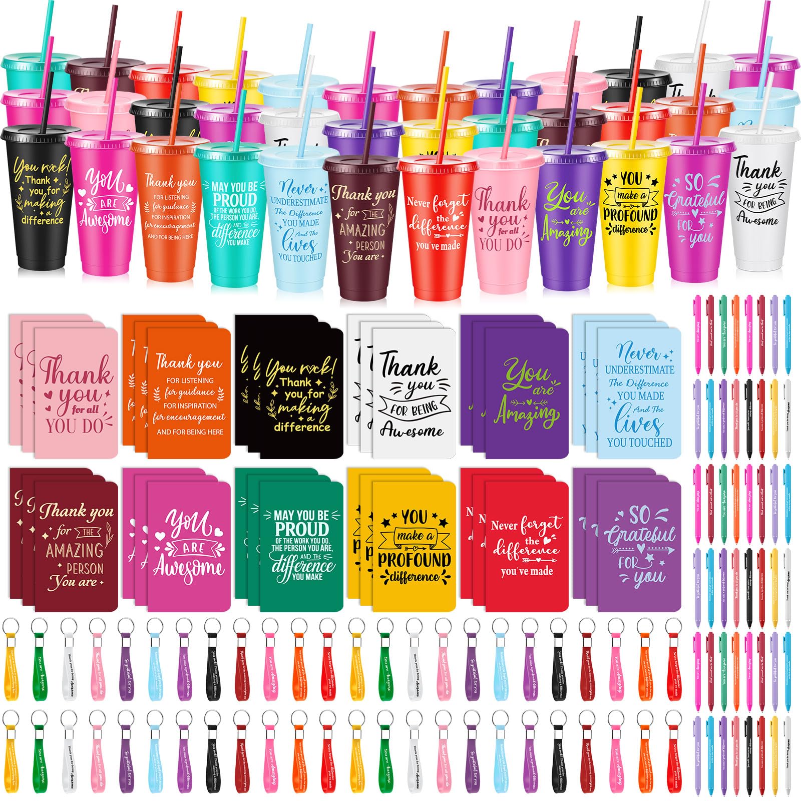 Hollowfly 48 Sets / 192 Pcs Inspirational Appreciation Gifts Thank You for Coworkers, 24 oz Plastic Cup with Lid Straw Notebooks