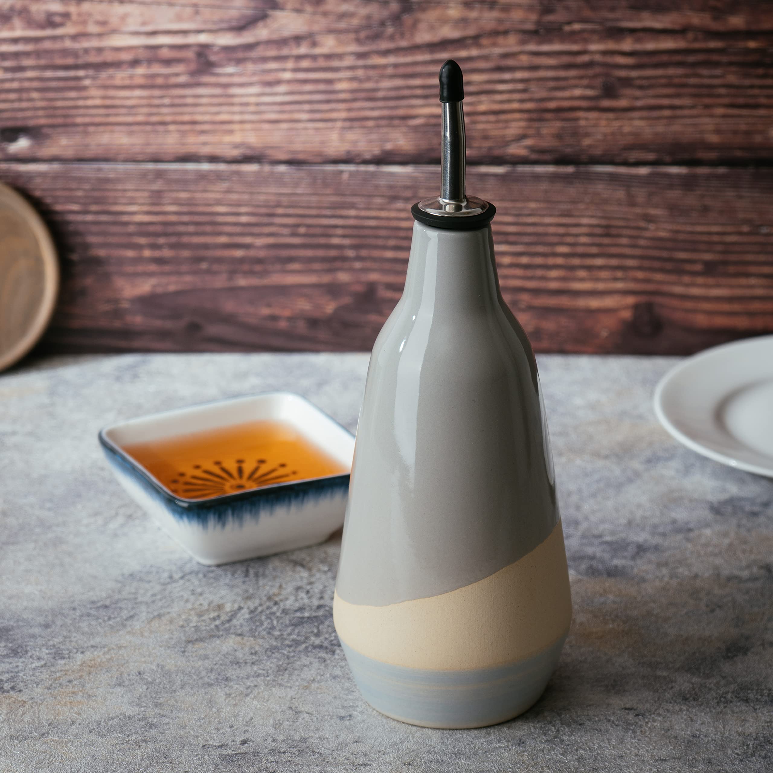 Gute Cruet Ceramic Olive Oil Dispenser Bottle - Gift For Him And Her - 400Ml Vinegar Cruet Bottle With Pourers - Blue Olive Oil