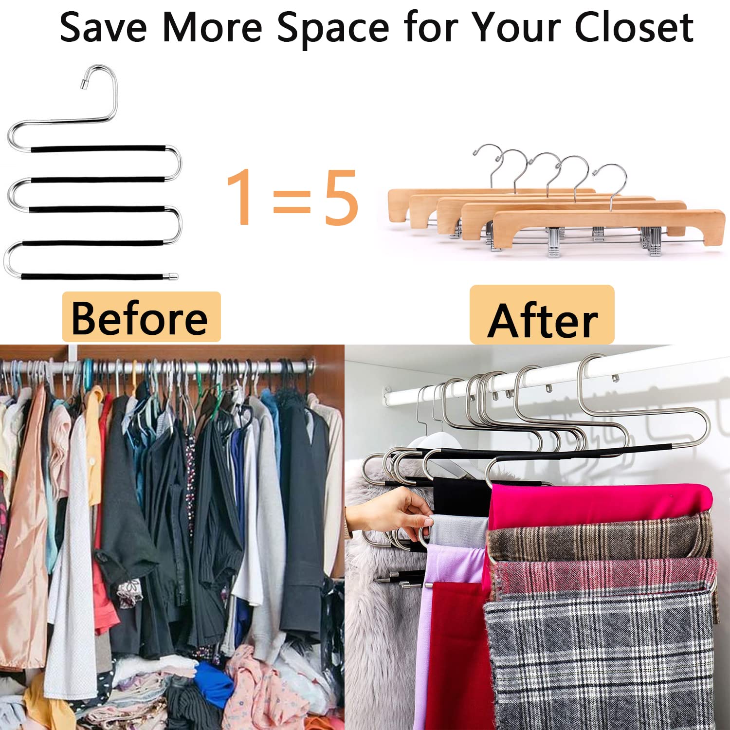 Skroad Pants Hangers Space Saving,3 Pack S-Type Non-Slip Stainless Steel Clothes Pants Hangers Closet Organizers And Storage, Cl