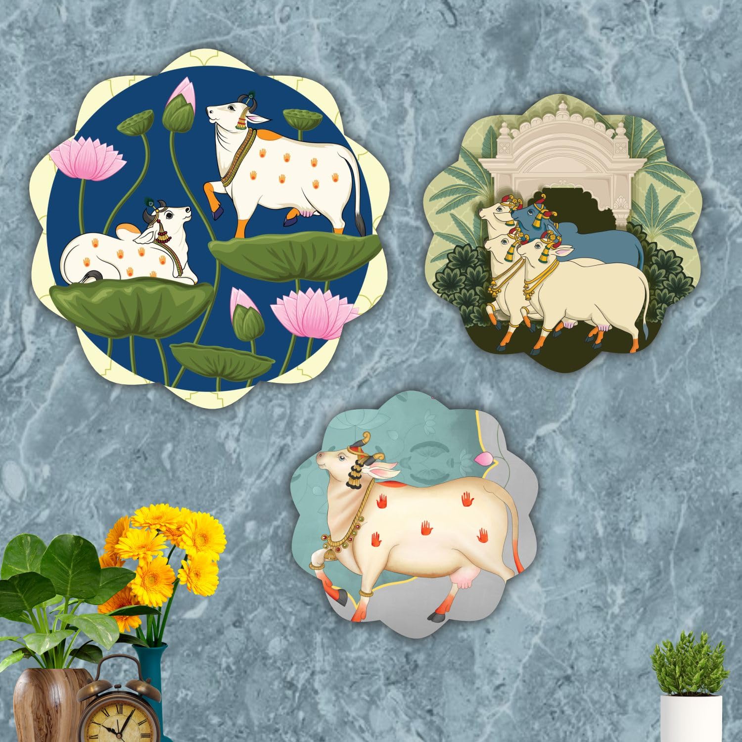 Bhikham Creations Set Of 3 Cow Pichwai Designer Art Beautiful Round Shape Wall Hanging Decor | Wall Decoration Accessories For H
