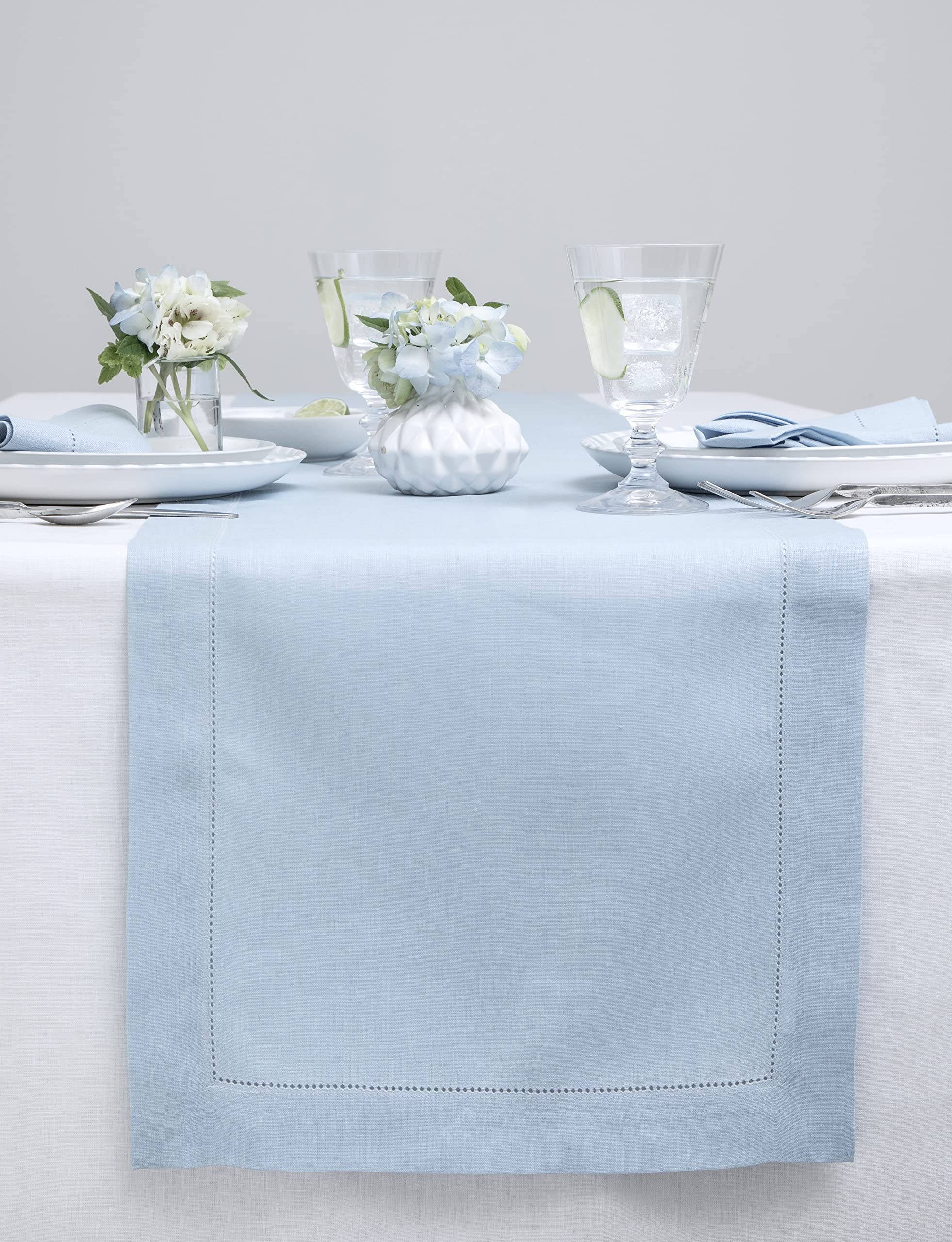 Solino Home Linen Sky Blue Table Runner 36 Inch - 100% Pure Linen Classic Hemstitch Short Table Runner 14 X 36 Inch Ideal For Dr
