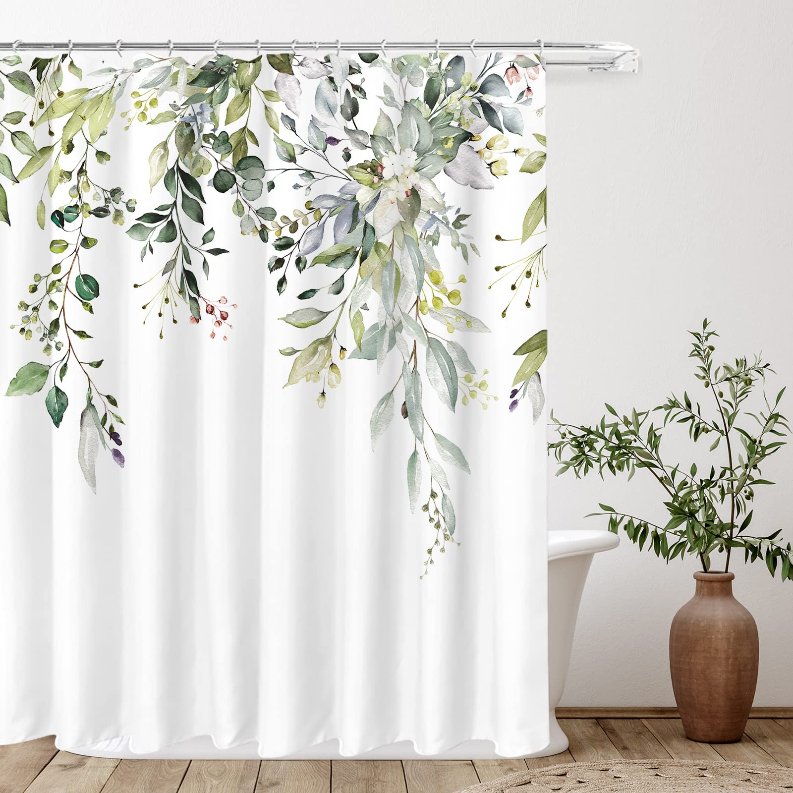 Tititex Green Eucalyptus Shower Curtain Sets, Watercolor Leaves On The Top Plant With Floral Bathroom Decoration 72X84 Inch With