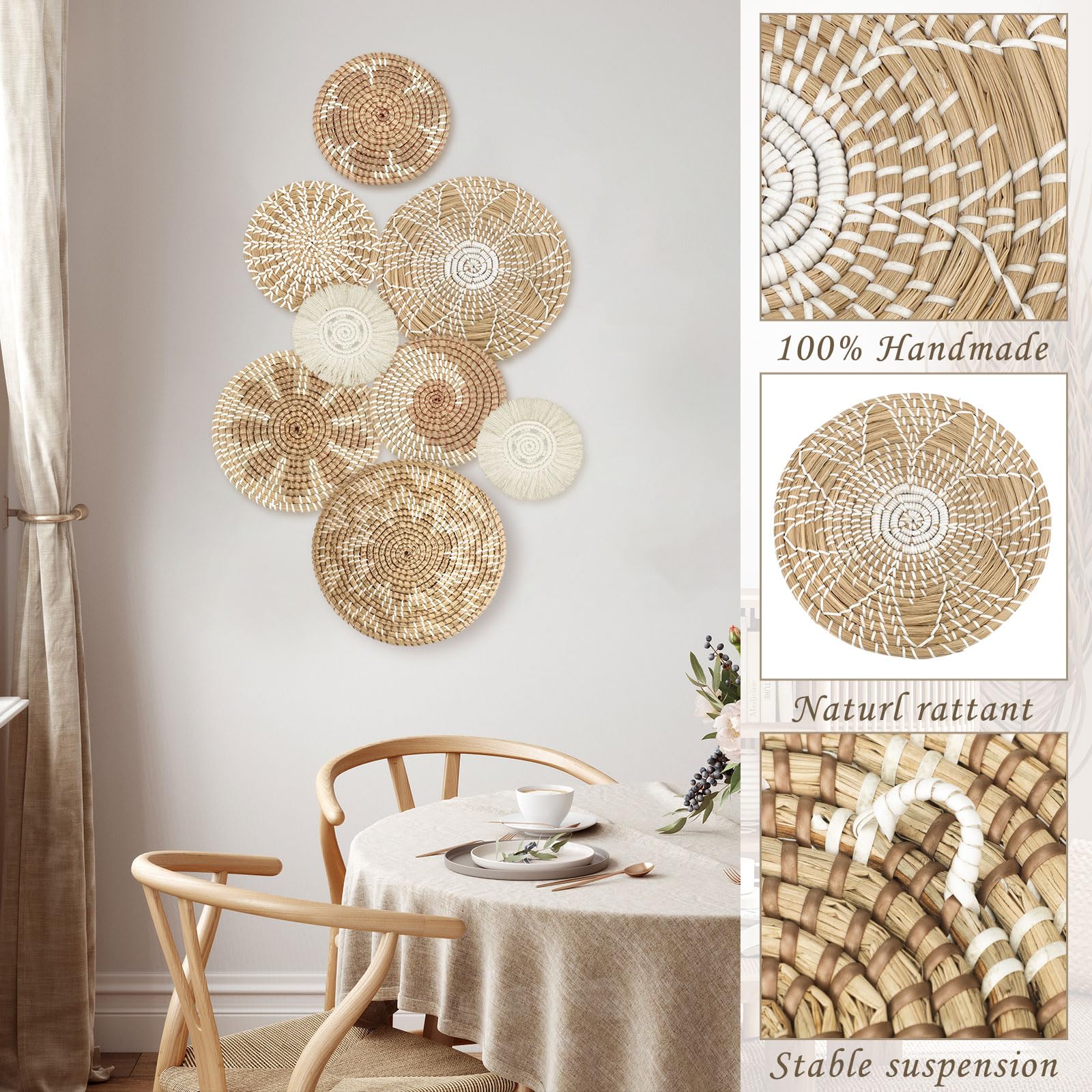 Xuhal Set Of 8 Hanging Woven Wall Basket Handmade Decorative Rustic Boho Wall Basket Decor Handcrafted Wicker Round Seagrass Bas