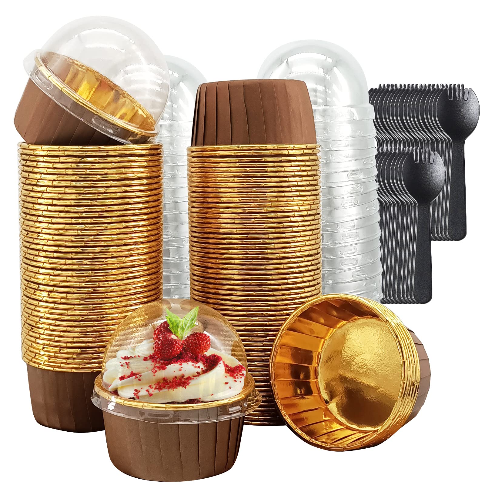 Foil Cupcake Liners With Dome Lids 100 Pack,Lnyzqus 5.5 Oz Muffin Cups Muffin Tins,Disposable Ramekins Cupcake Cups Wrappers Hol