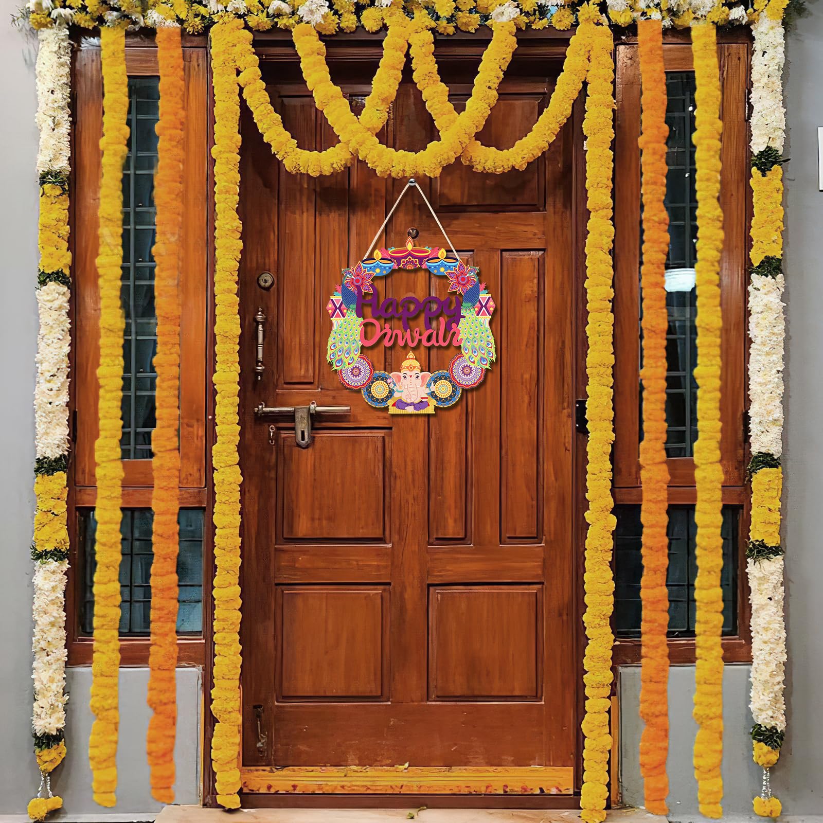 COCHIE Happy Diwali Sign Door Decorations, Indian Festival of Light Wood Wreath for Front Door Porch Window Wall Hanging Decor,