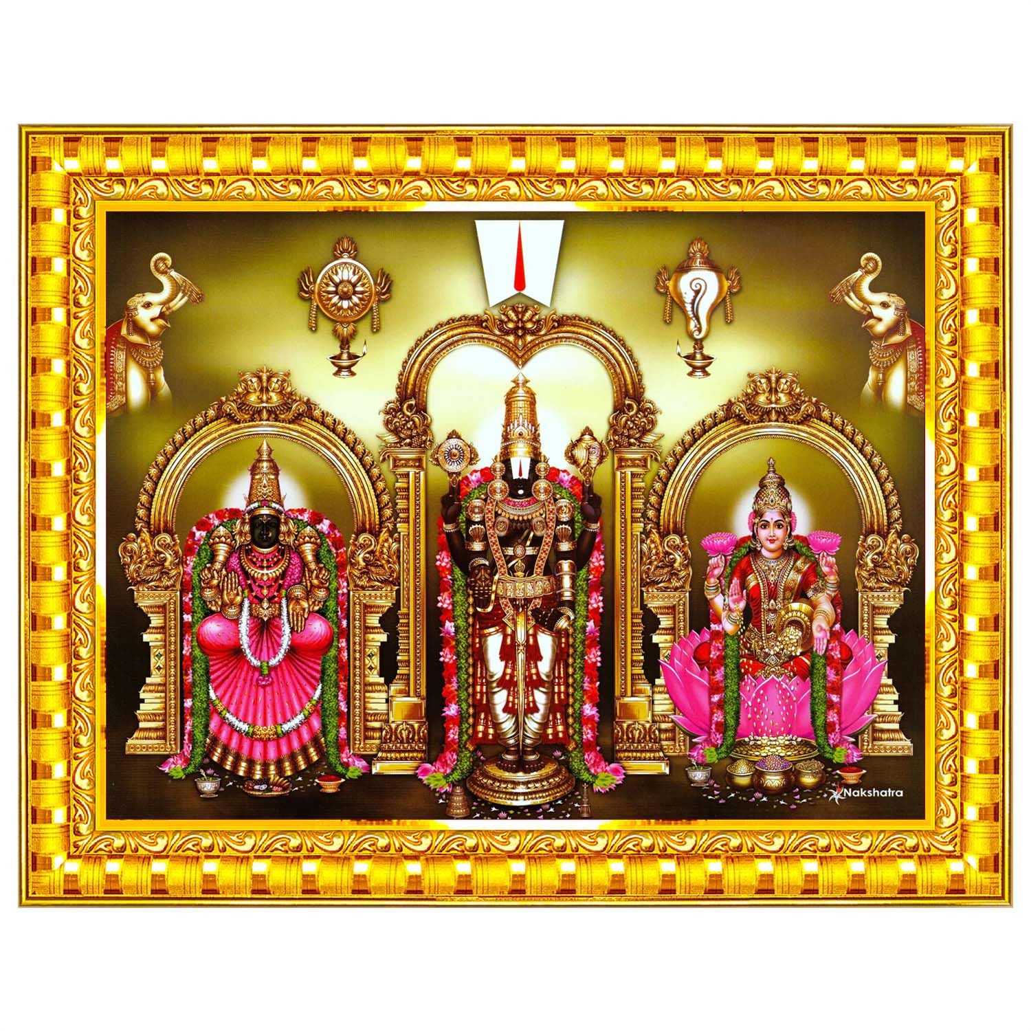 Pavan Photo Laminations Balaji Lakshmi Padmavati Venkateshwara Swamy Wall Painting Framed Home Decor (Wood,Acrylic,Gold,Big Size