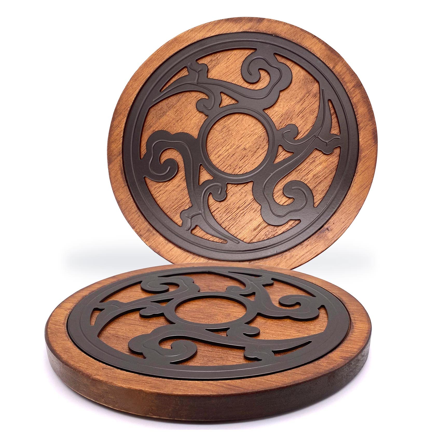 Cast Iron With Wood Trivets Set Of 2, Wooden Trivets For Hot Dishes, 8-Inch Round Kitchen Hot Pads For Table And Kitchen Counter