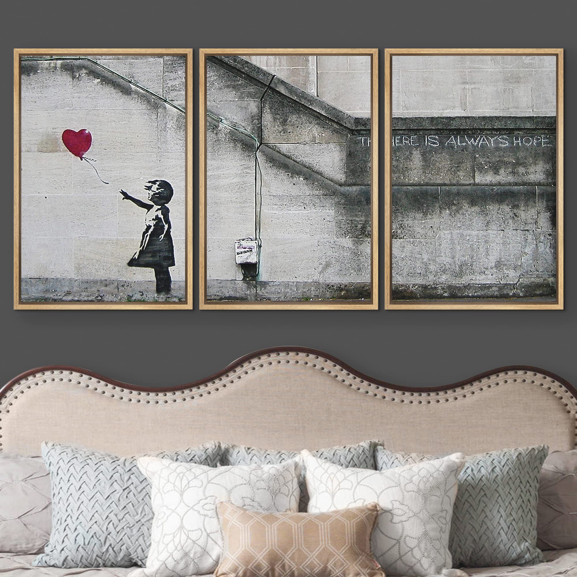 Wall26 - 3 Piece Framed Canvas Wall Art - There Is Always Hope - Girl And Red Heart Balloon - Street Art - Guerilla - Modern Hom