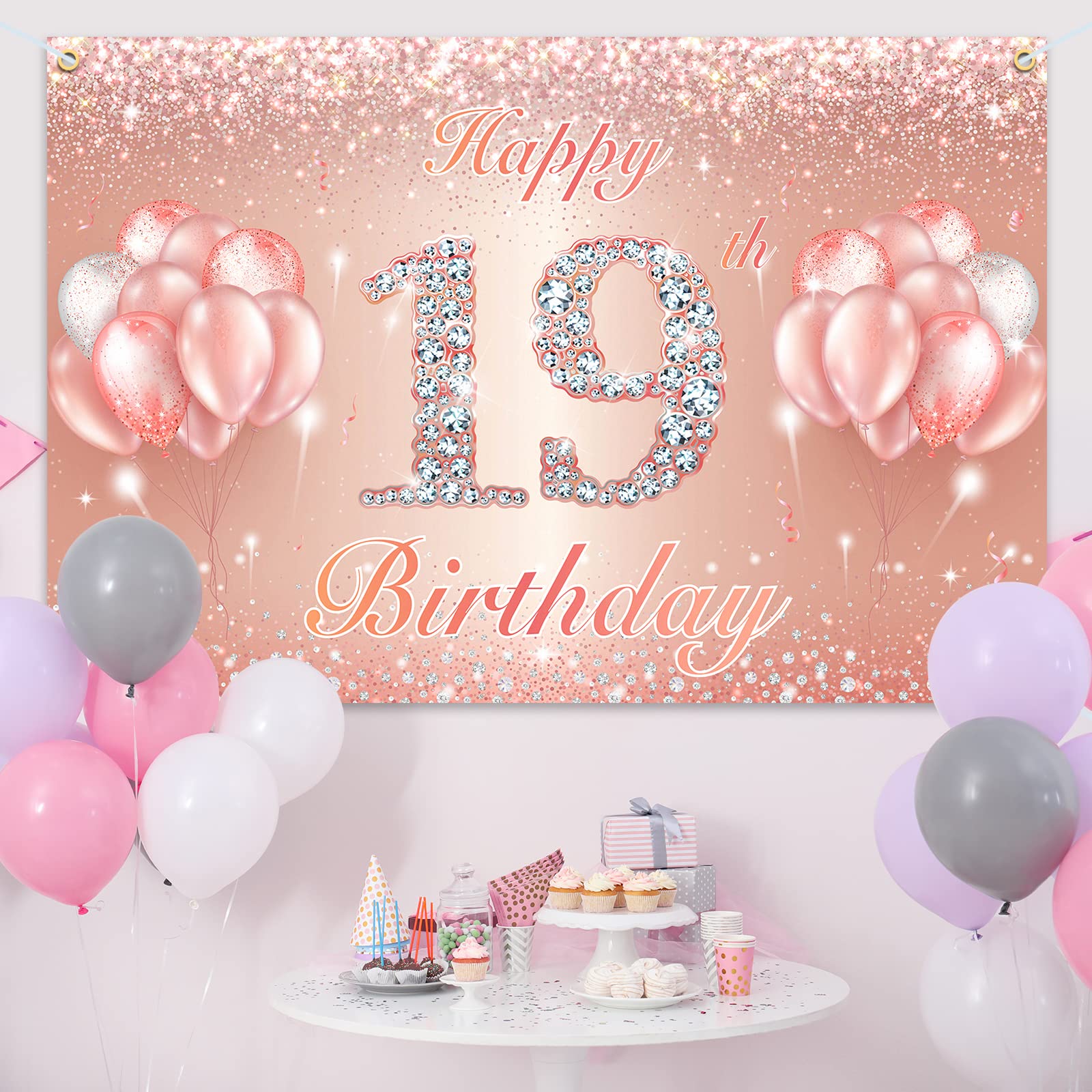 Happy 19Th Birthday Banner Backdrop - 19 Birthday Party Decorations Supplies For Women Or Men - Rose Gold 4 X 6Ft