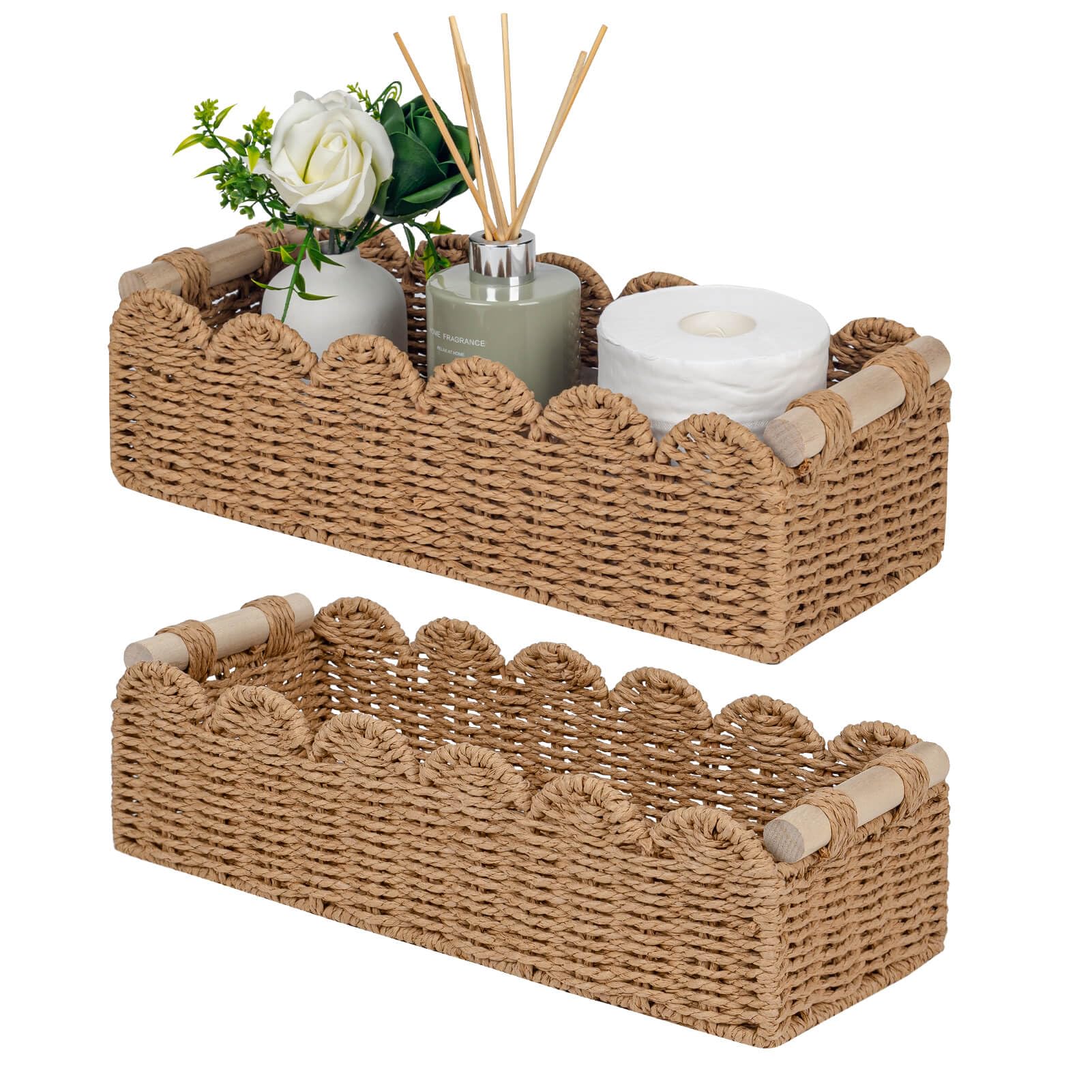 CubesLand Scalloped Decor Basket for Living Room, Home, Bathroom, 2SAME SIZE Paper Rope Basket, Toilet Storage Baskets for Over 