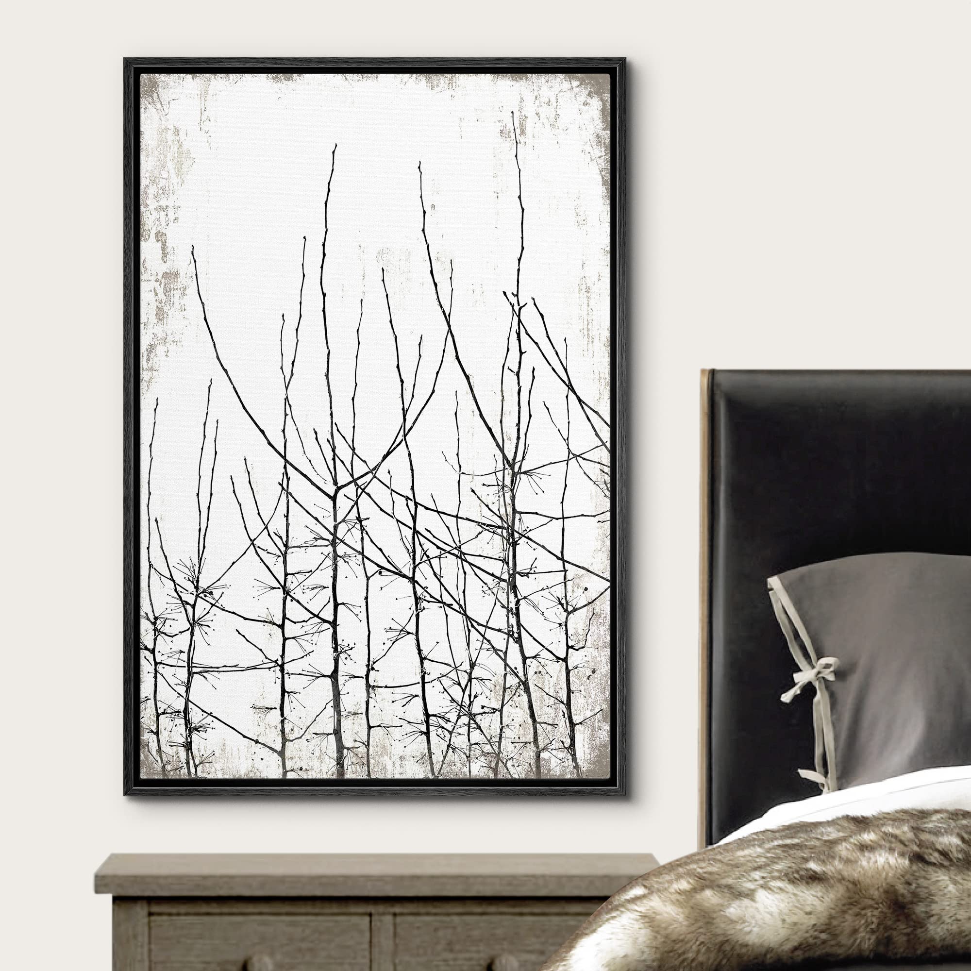 Wall26 Framed Canvas Print Wall Art Black & White Forest Trees With Grunge Background Floral Nature Illustrations Modern Art Rus