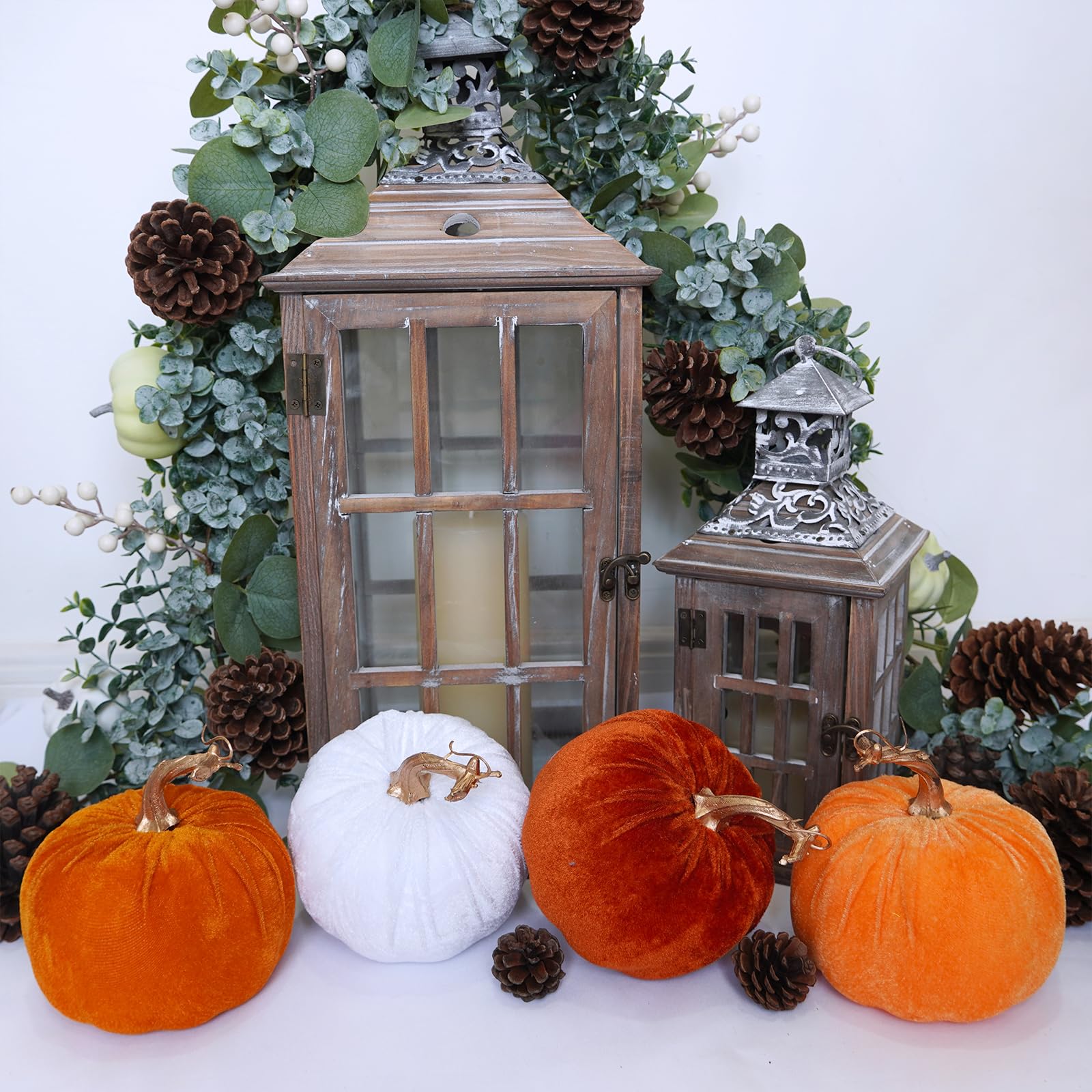 Winlyn 4 Pcs Assorted Faux Harvest Velvet Pumpkins Decorative Fabric Pumpkins Foam Pumpkins in Rust Orange White 5  for Farmhous