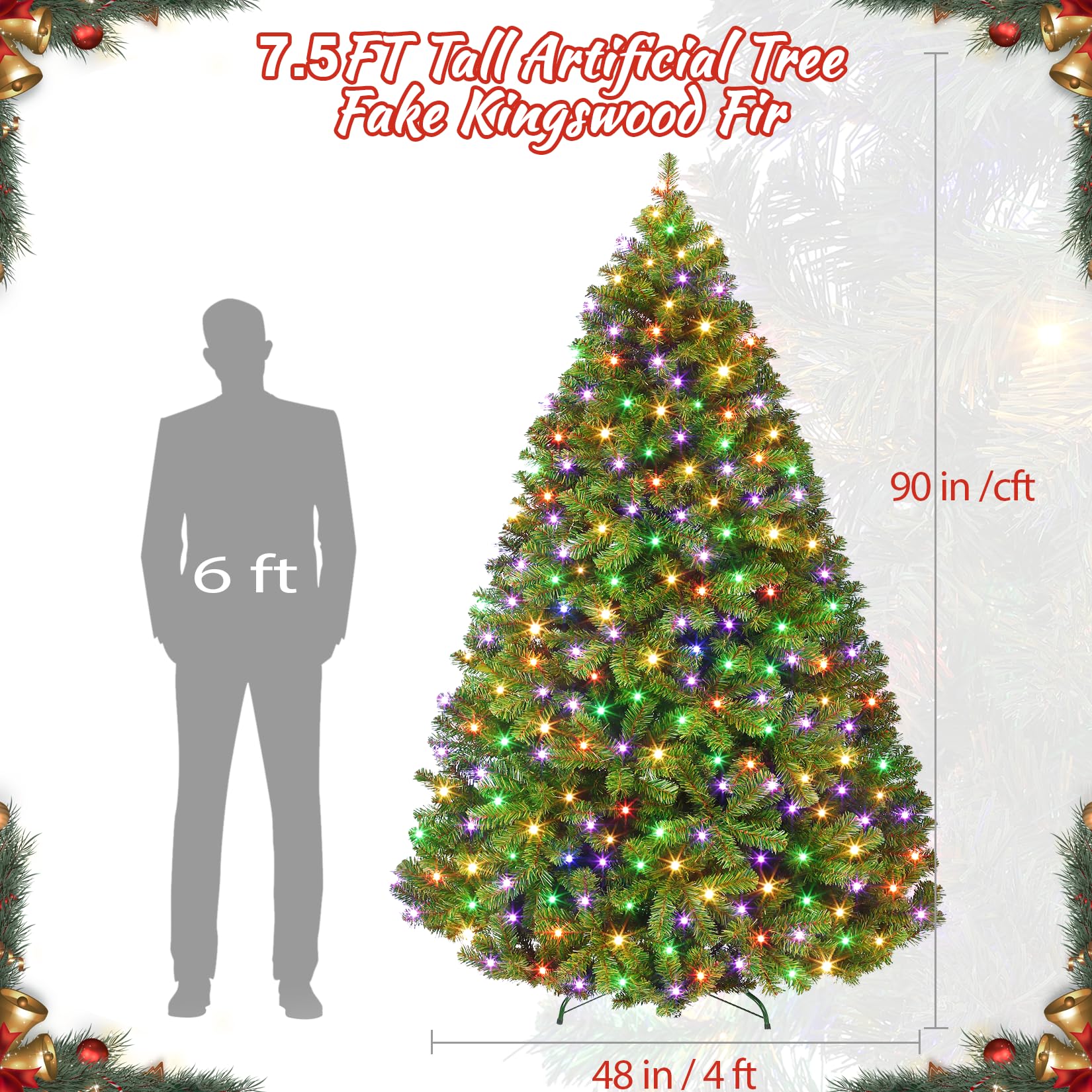 7.5FT Prelit Fluffy Noble Fir Artificial Christmas Tree with 600 Multicolor Lights& 9 Modes, Hinged Branches& 2200 Tips, Artific