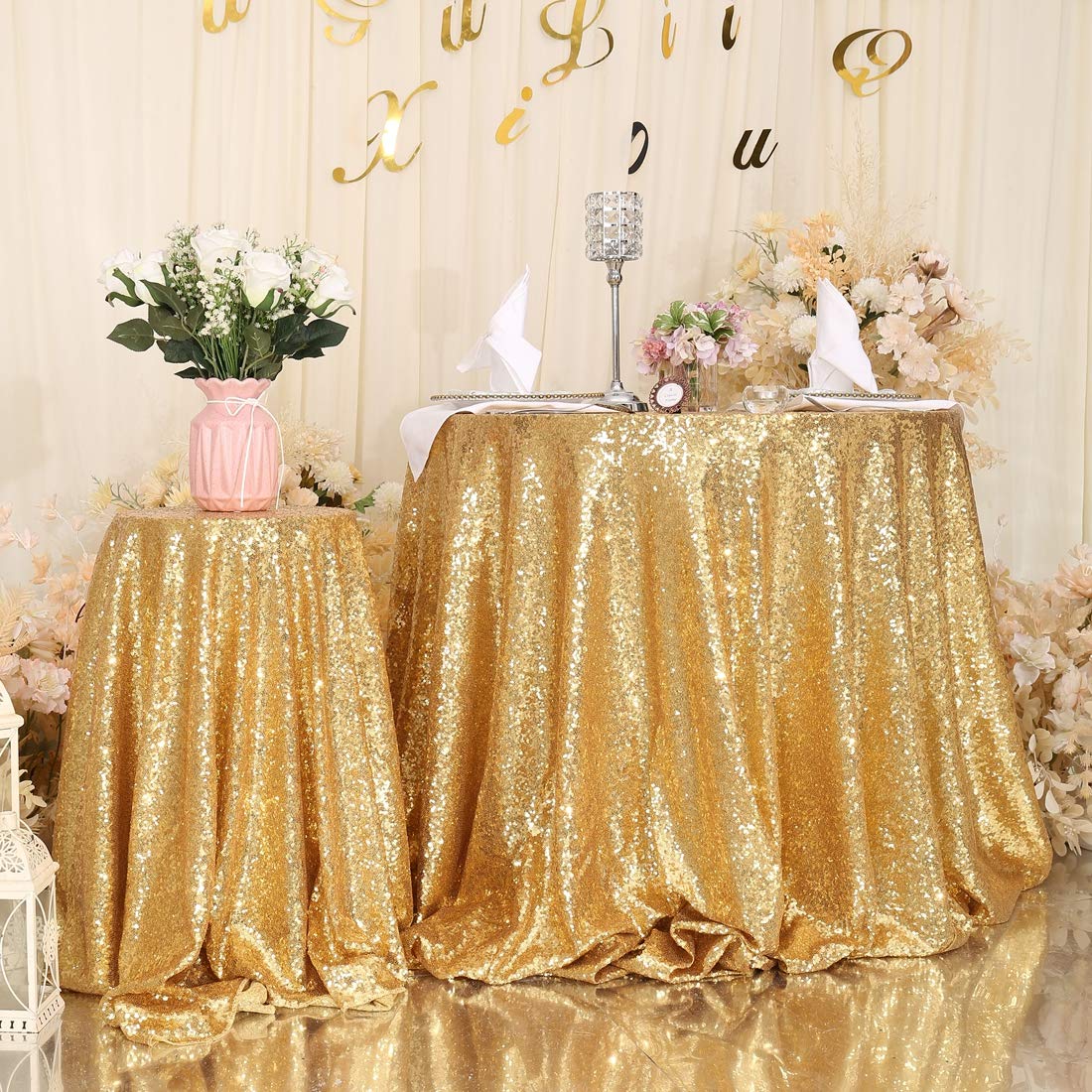 Partydelight 50'' Round Sparkly Gold Sequin Tablecloth For Wedding, Party, Christmas Decorations