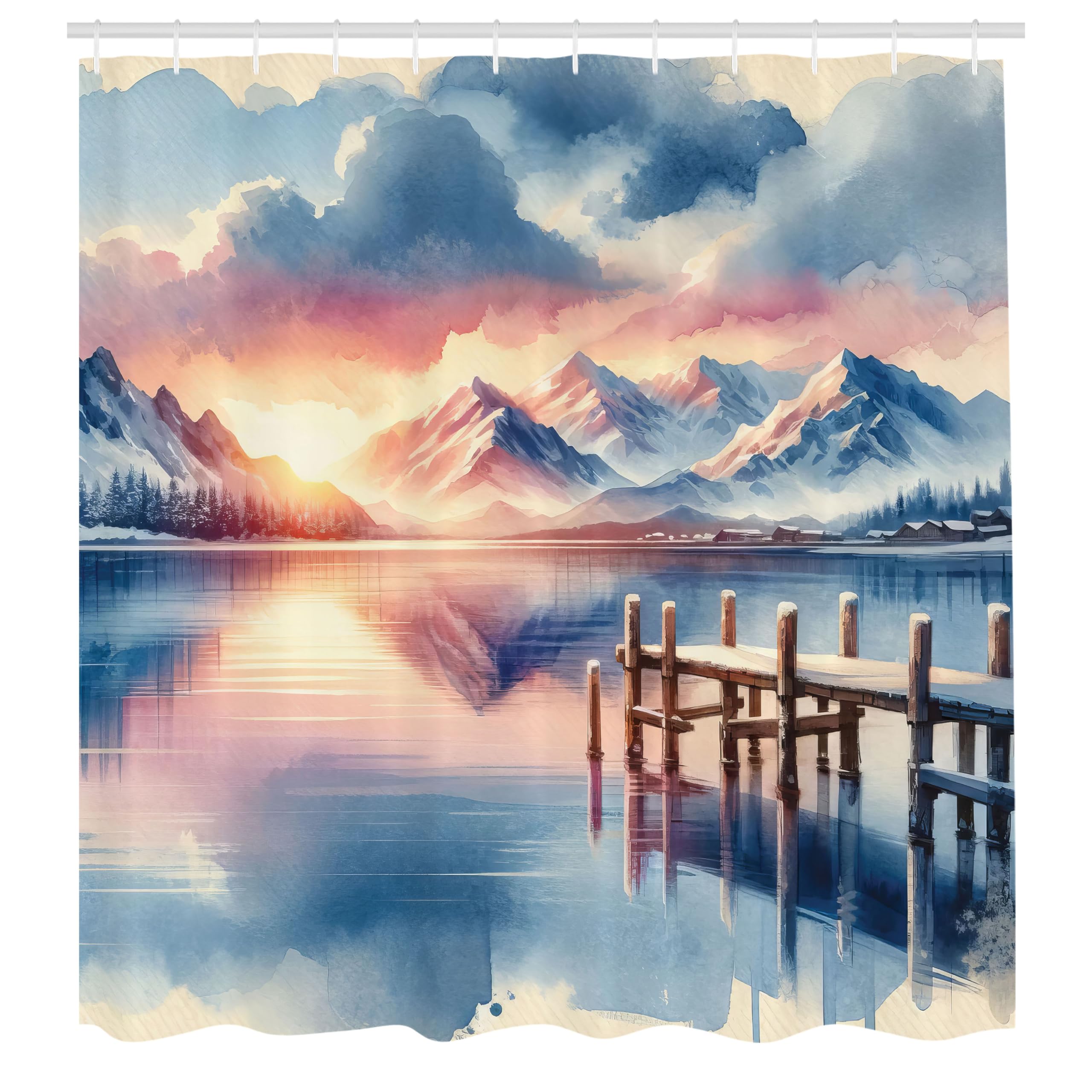 Ambesonne Lake Shower Curtain, Pastel Colors Landscape With Clouds Sunset Sky Mountains Serene Winter Pier, Cloth Fabric Bathroo