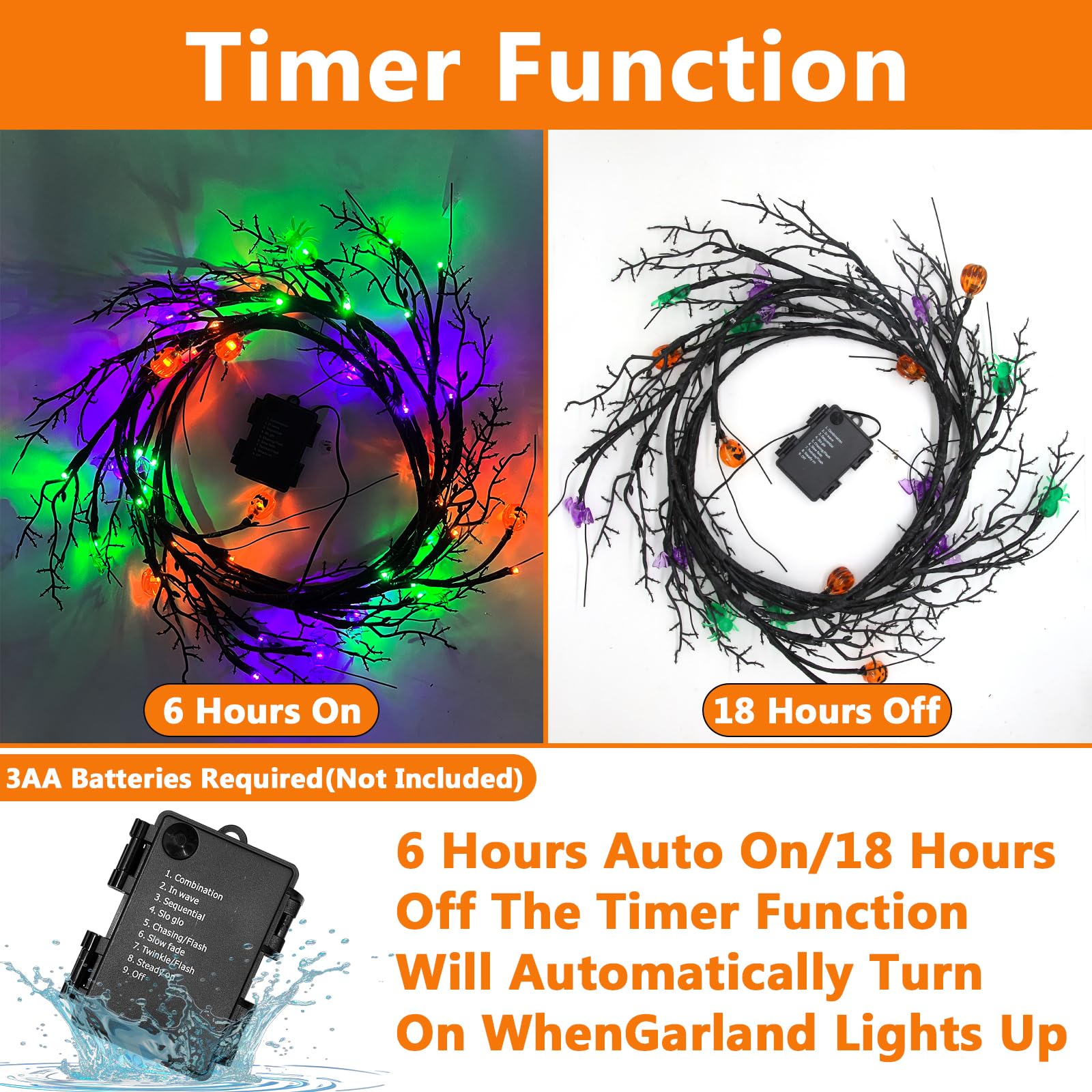 SURCVIO [ 8 Modes & Timer ] 6 Ft 54 LED Halloween Willow Vine Twig Decor Garland with 6 Bats & Pumpkins & Spiders Lights Waterpr
