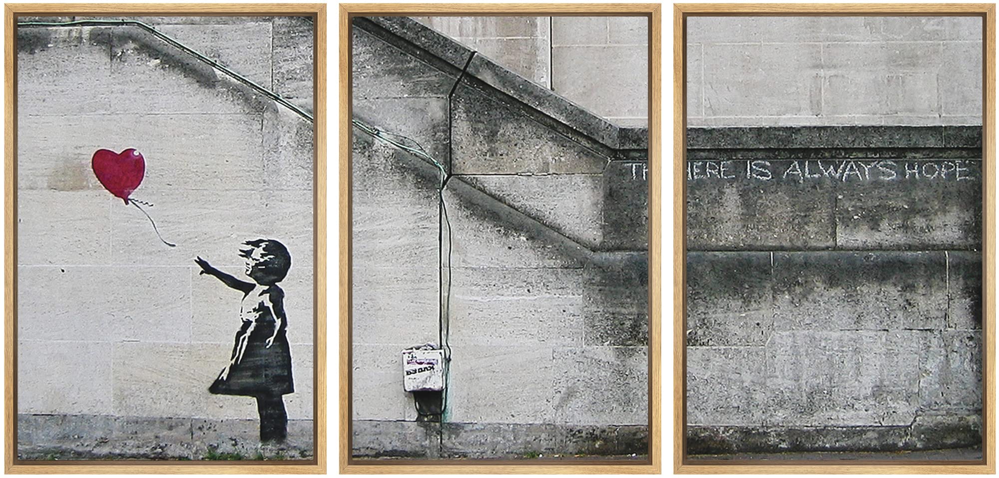 Wall26 - 3 Piece Framed Canvas Wall Art - There Is Always Hope - Girl And Red Heart Balloon - Street Art - Guerilla - Modern Hom