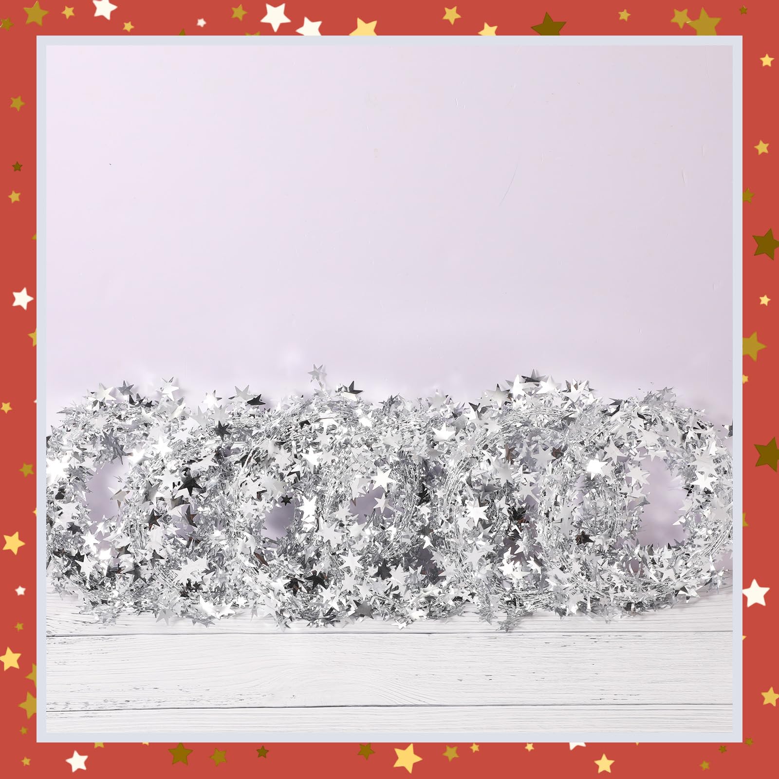 Shappy 147.6 ft Star Garland Wired Silver Christmas Tinsel Garland for Tree Metallic Small Mini, 6 Rolls for Decorations