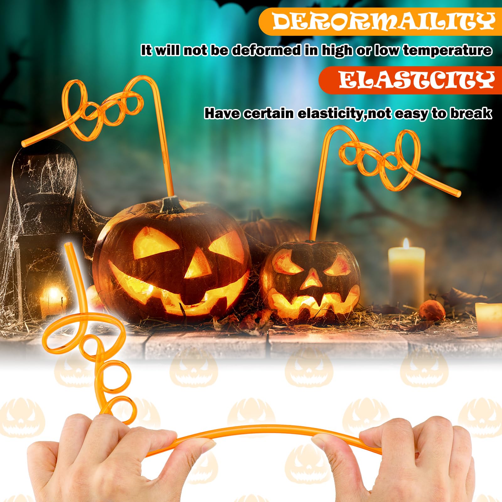 Potchen 50 Pcs Halloween Boo Straws Decoration Bulk Funny Orange Plastic Straws Halloween Fall Thanksgiving Party Gifts Supplies