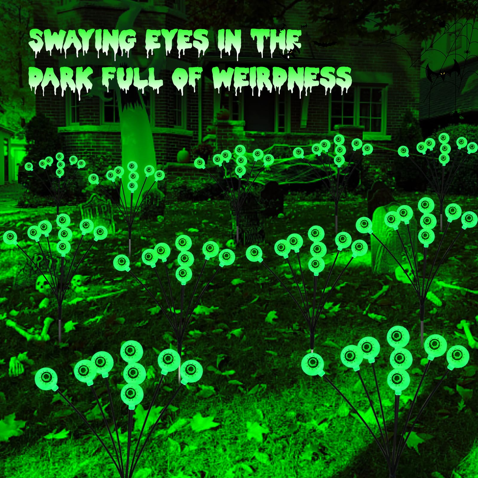 Solar Eyeball Lights Outdoor Waterproof 4 Pack 32 LED Halloween Eyeball Lights 8 Modes Scary Spooky Eyeballs Swaying Green Solar