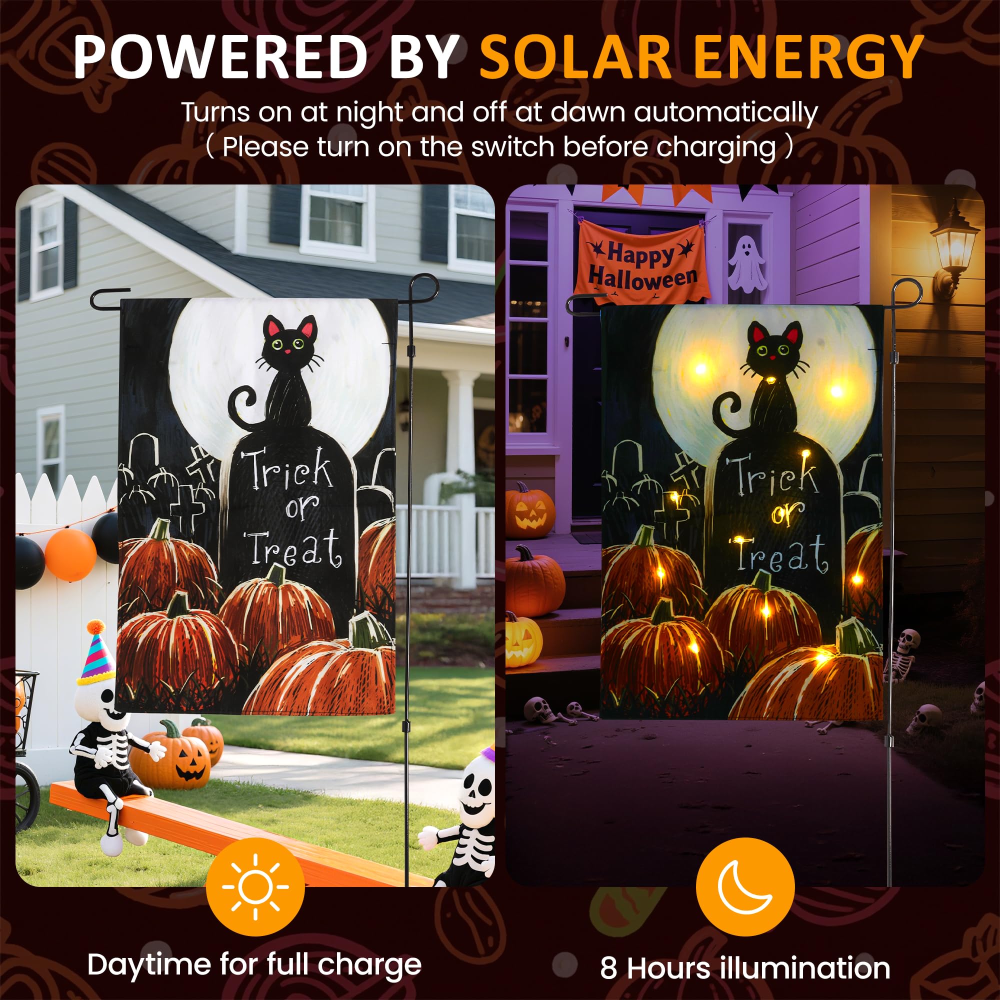 Solar Lighted Christmas Black Cat & Pumpkin Garden Flag Stake, Double-Sided Outdoor Yard Decor, LED Flag for Patio Lawn Thanksgi