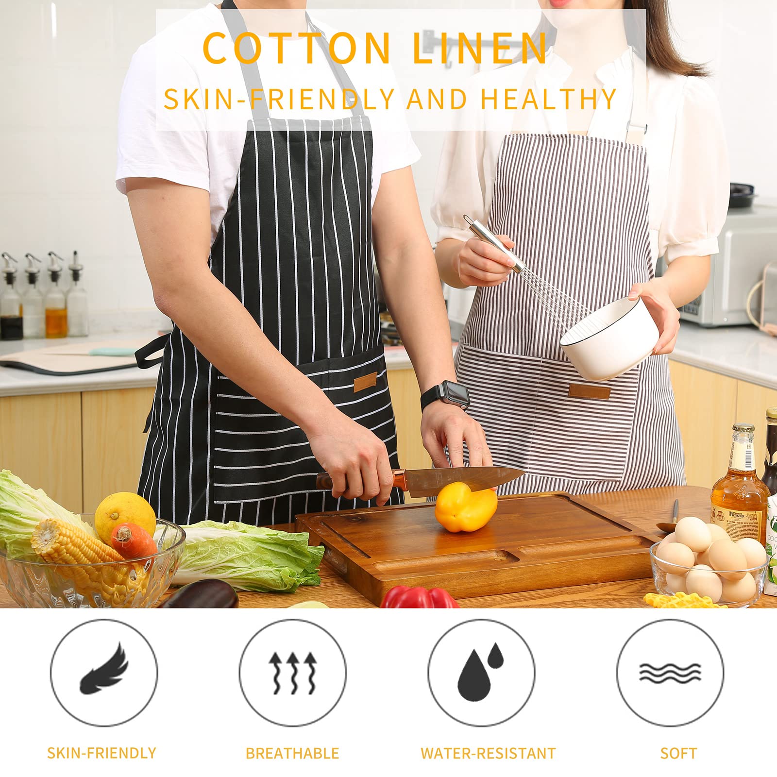 Tosewever 2 Pieces Kitchen Cooking Aprons, Cotton Polyester Blend Adjustable Bib Aprons With 2 Pockets For Women Men Chef Chef (