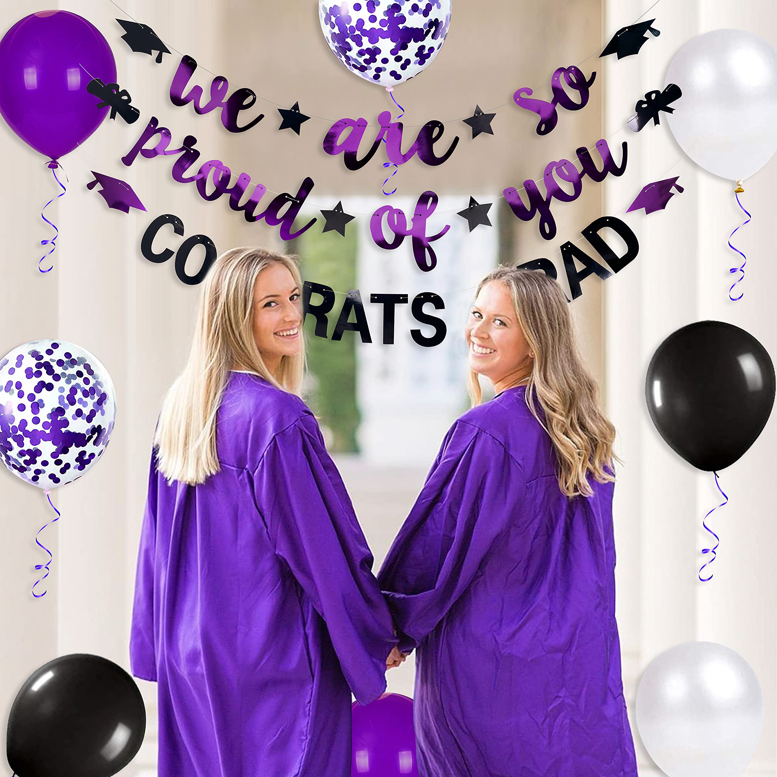 Purple Black 2024 Graduation Party Decorations We Are So Proud Of You Congrats Grad Graduation Banner Graduation Cap Diploma Sta